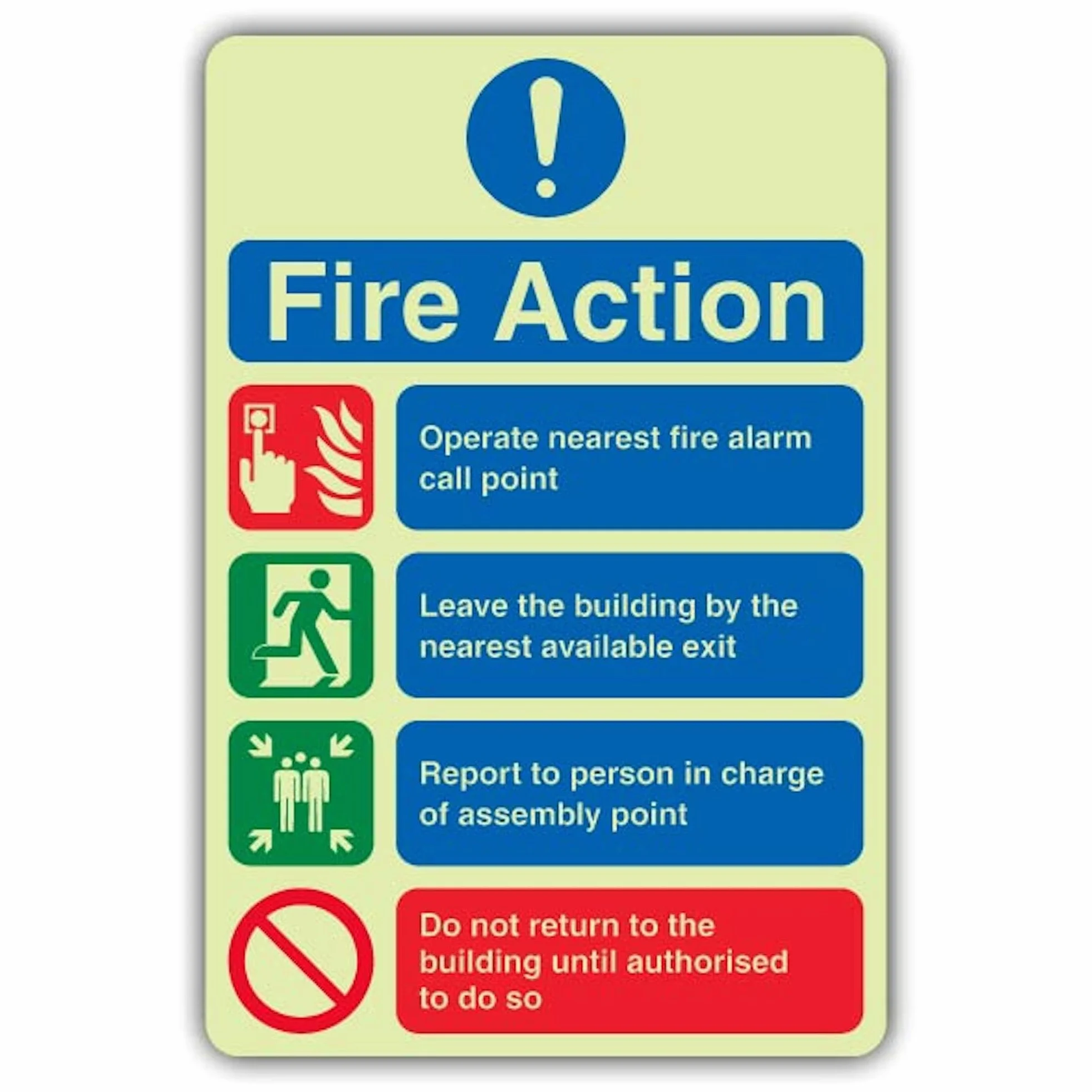 V Safety Glow In The Dark 4 Point Fire Action Cartello segnaletico – 300 x 450 mm – Realizzato in vinile autoadesivo a doppio bagliore – Segnaletica antincendio – Made in Britain