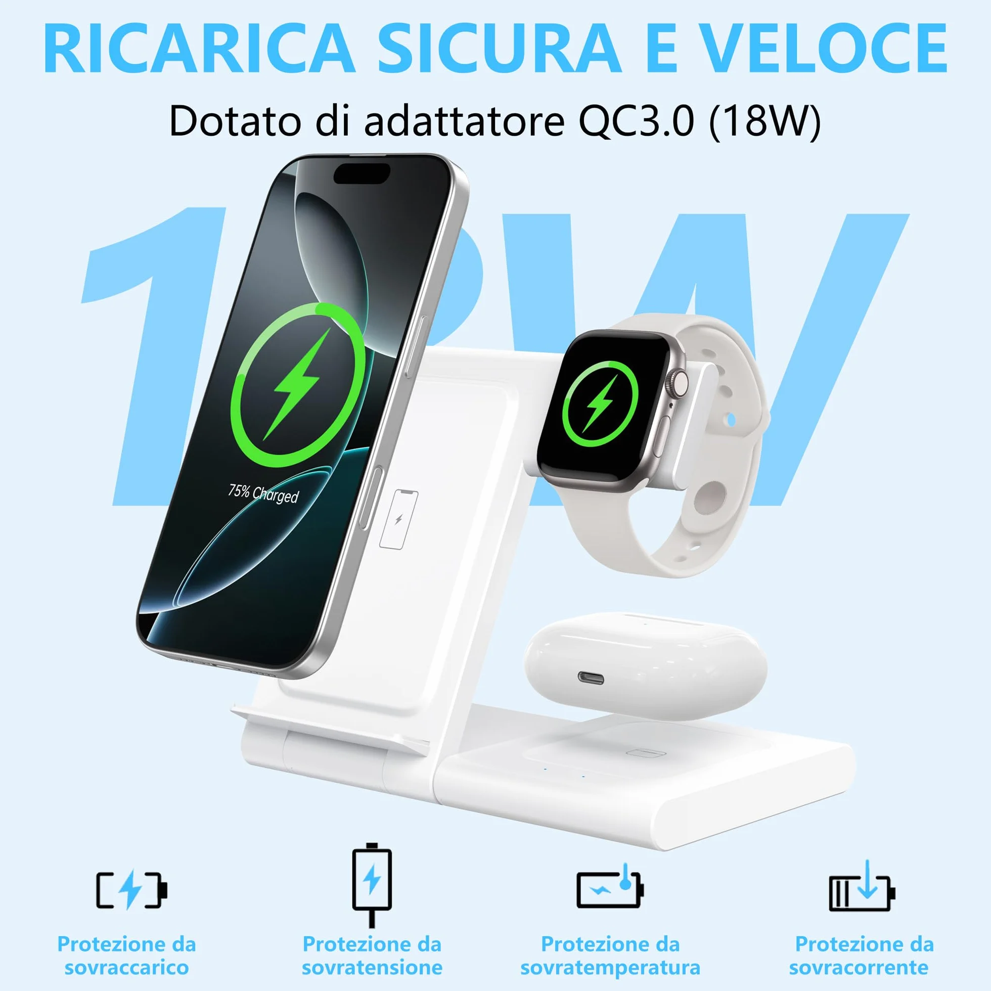 Caricatore Wireless Apple 3 in 1, Stazione di Ricarica Rapida per iPhone 17/16/15/14/13/12/11/Pro/Max/Plus, Apple Watch Ultra 3/11/10/9/8/7/6/SE 3, per AirPods Pro 3/4/3/2