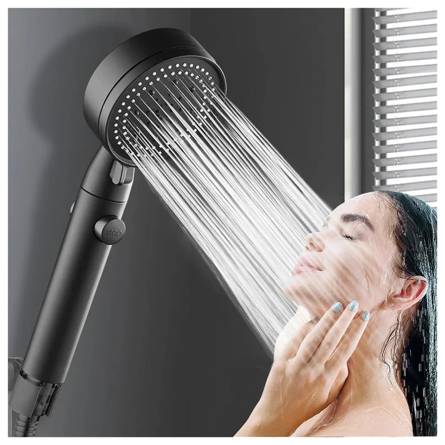 Soffione doccia ad alta pressione bianco e nero con 5 modalità regolabili, supporto per tubo flessibile, ugello a un clic per il risparmio idrico(Silver and Holder)