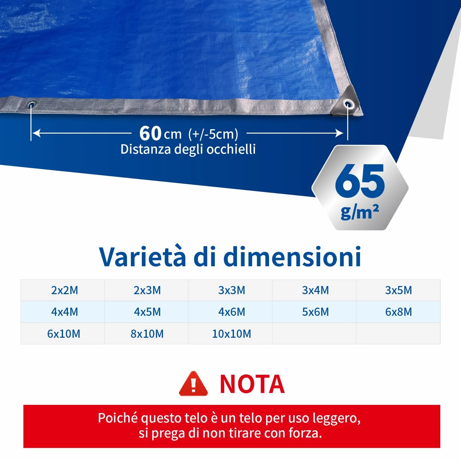 Telone Occhiellato Leggero Argento/Blu Antistrappo Impermeabile Antivento e Resistente ai Raggi UV per Auto,Camion,RV,Casa,Tenda,Barca,Piscina Telo 65g/m² （3x5）