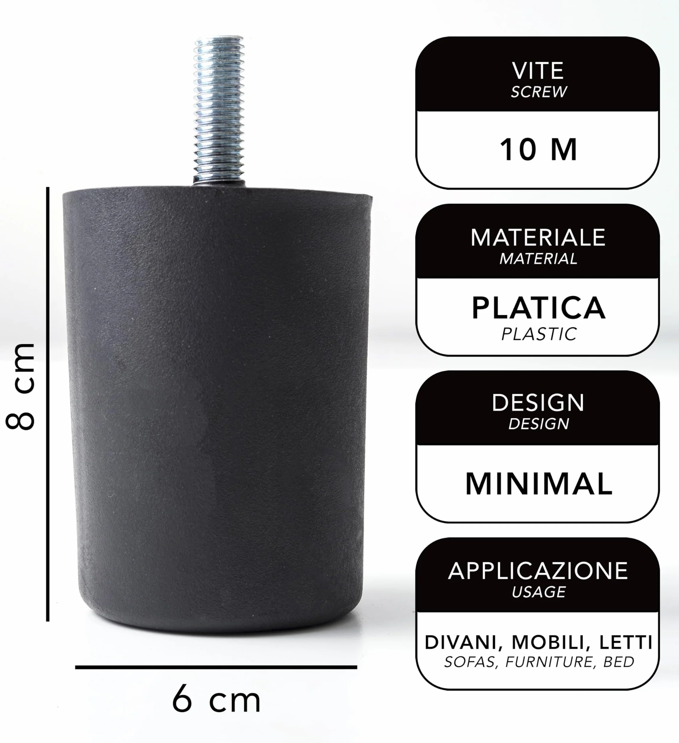 IPEA Set di 4 Piedini in Plastica Nera per Divani e Mobili 80 mm