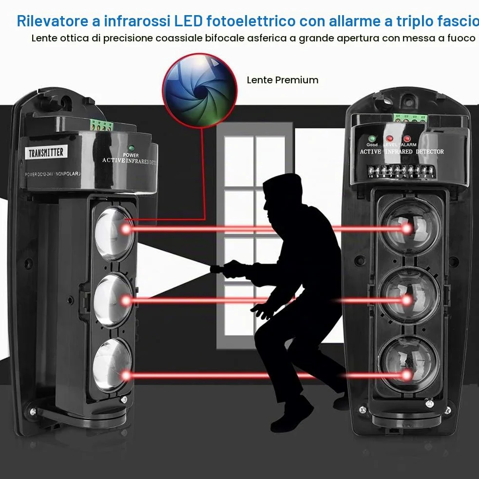 Demeras Rilevatori a Triplo Raggio Allarme a Triplo Raggio Rilevatore LED fotoelettrico a infrarossi Sistema di Sicurezza Trasmissione Wireless per Sistema di Allarme di Sicurezza Domestica(ABE-50)