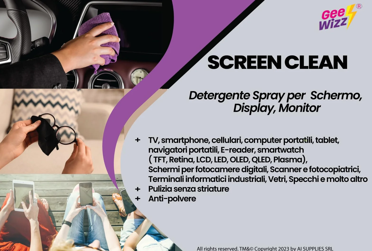 Gee-Wizz Screen Clean - Kit 250 ml Spray Pulisci Schermo con Panno Microfibra - Detergente Per Tutti Tipi di Schermo, Display, Monitor di Tutti i Dispositivi. Senza striature e Anti-Polvere