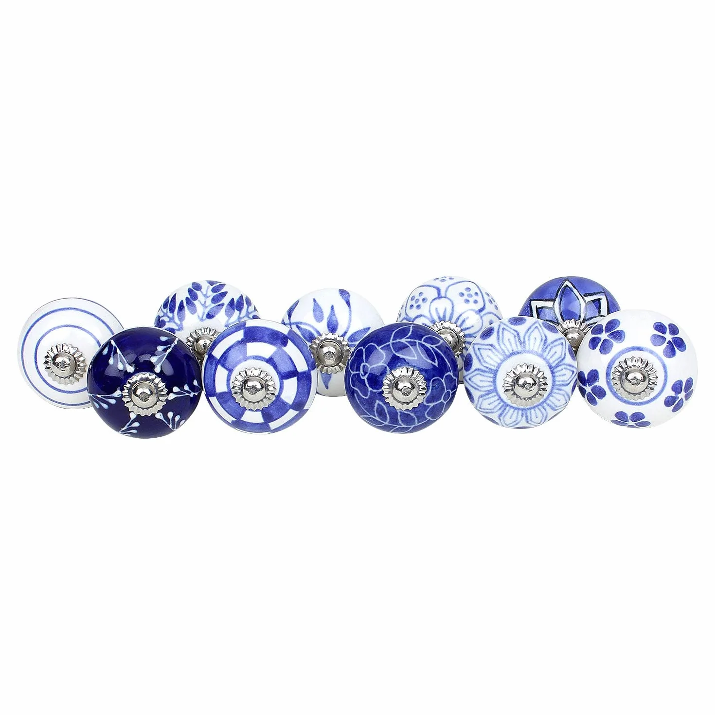 Set da 10 Pomelli Cucina in Ceramica Blu e Bianco Dipinti a Mano – Maniglie Decorative per Mobili con Viti