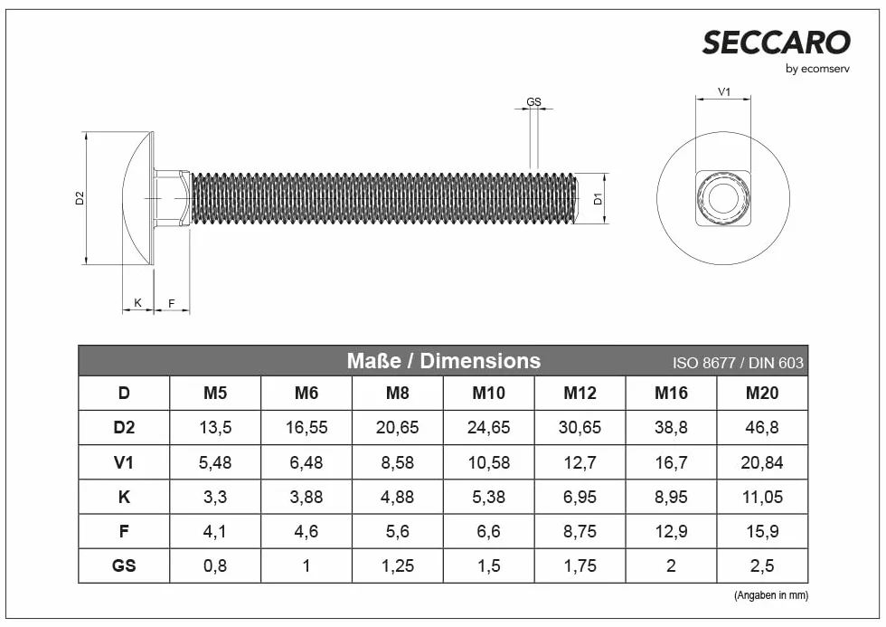 SECCARO Lot de 20 vis de serrage M10 x 40 mm acier inoxydable V2A A2 DIN 603 tête plate ronde
