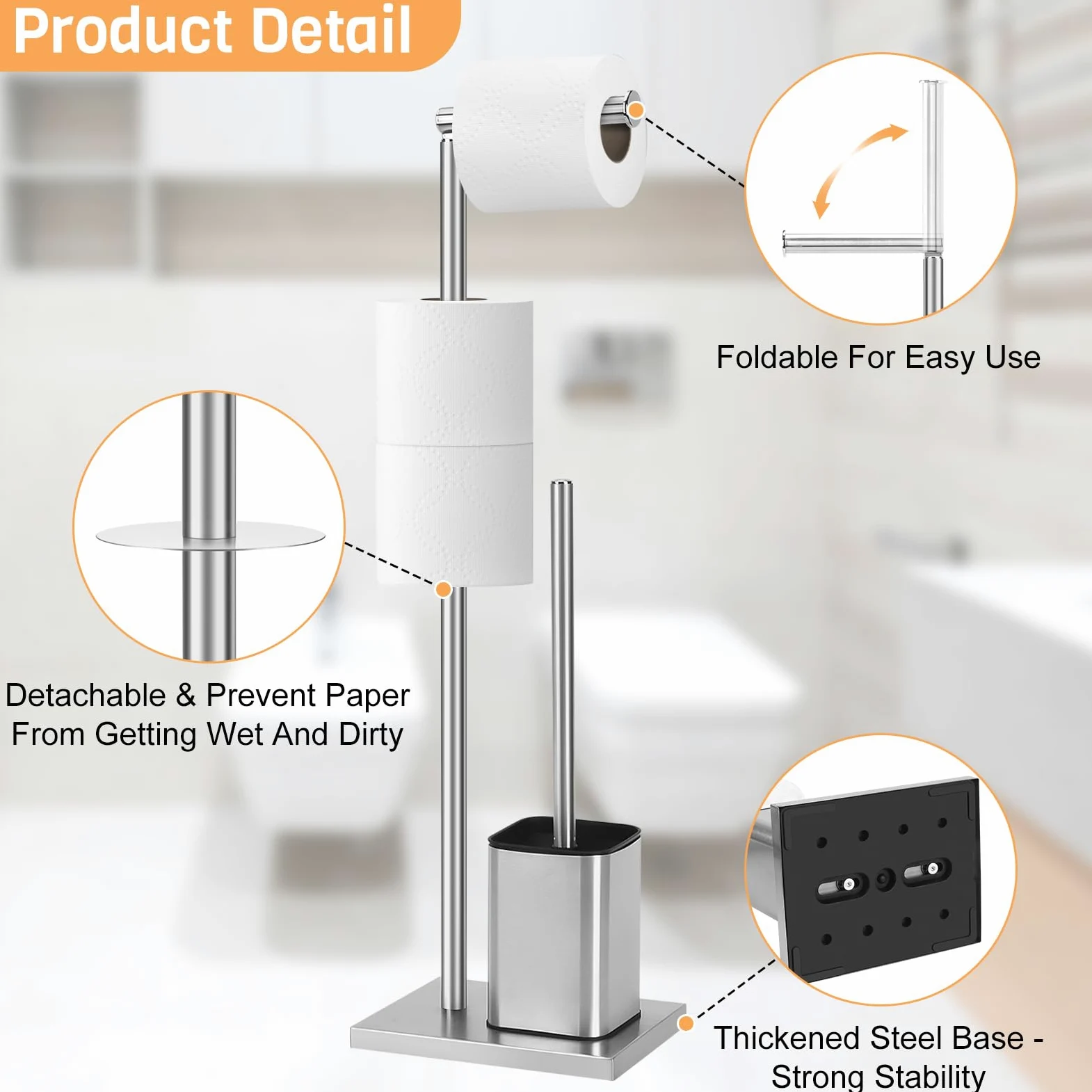 Topsky Portarotolo di carta igienica autoportante con scopino per WC, supporto per rotolo di carta igienica in acciaio inox, scopino e supporto per bagno (argento)