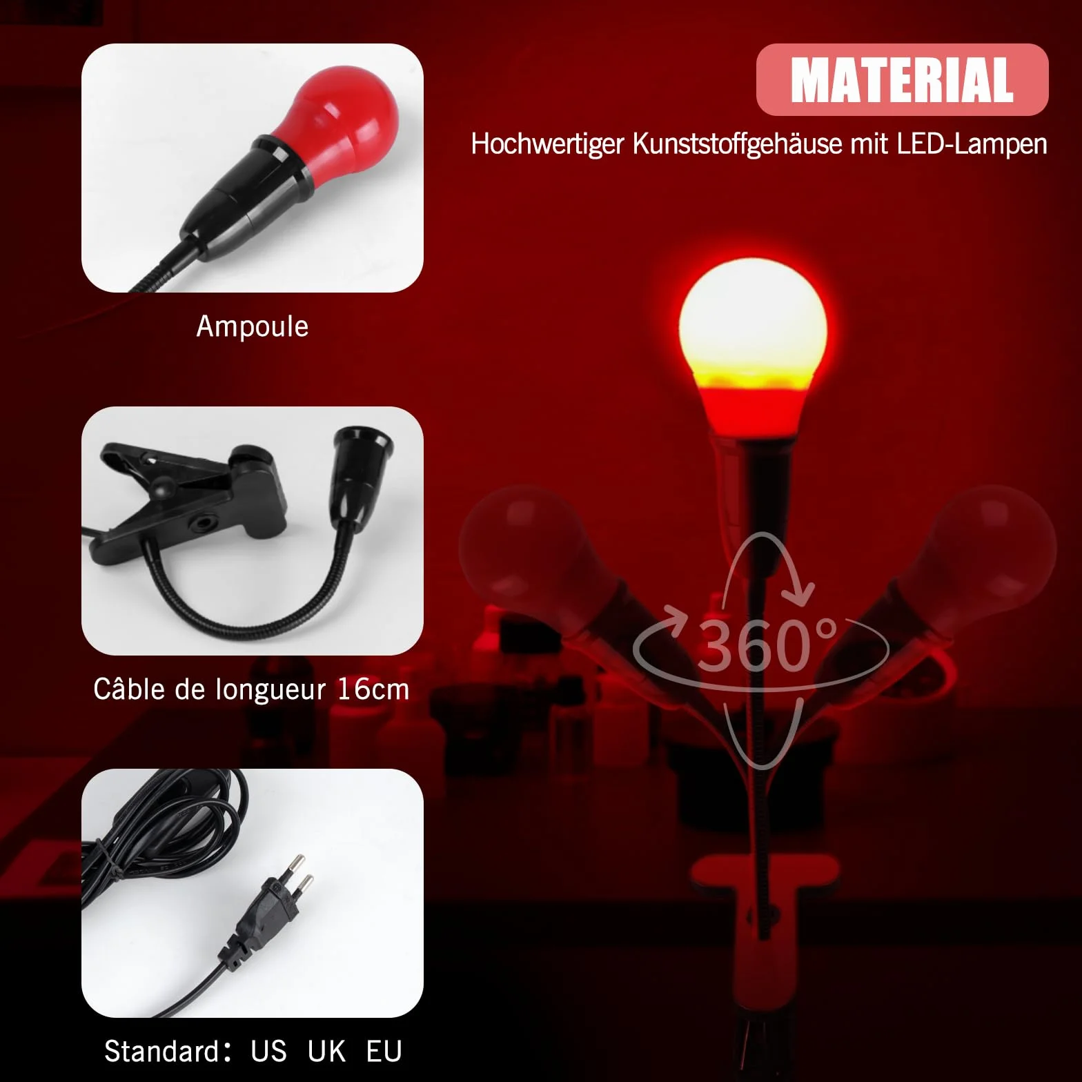 eTone Dunkelkammer SafeLight, Rote LED-Schreibtischlampe mit Clip, 360 Grad einstellbar, geeignet für Die Verarbeitung Von S/W-Film und S/W-Druckpapier (5W)