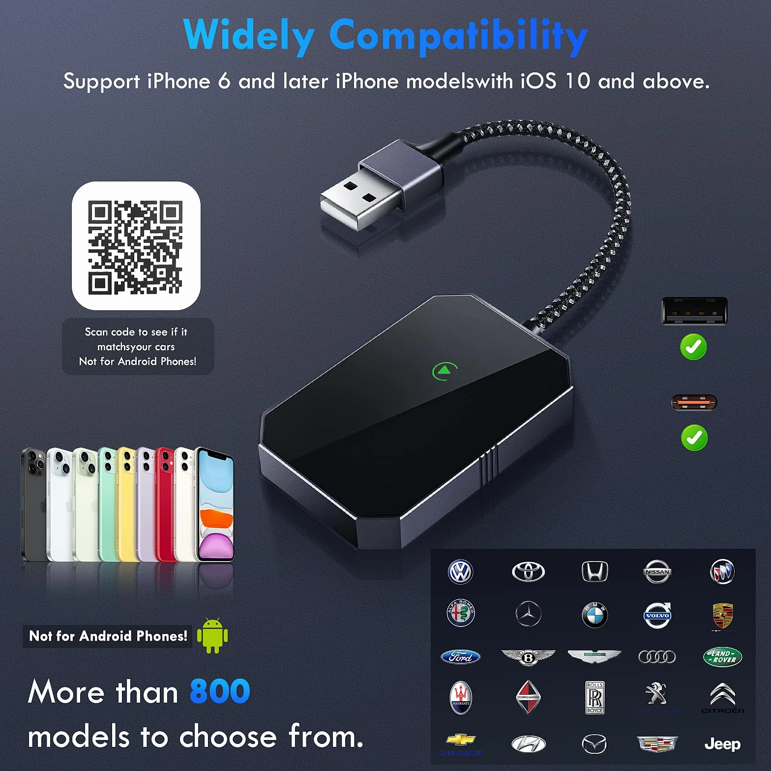 Adattatore Wireless CarPlay per iOS, Adattatore Wireless i-Phone Auto Converte CarPlay Cablato in Wireless, Plug and Play, USB C a A Dongle Wireless CarPlay Adatto per il 90% delle Auto