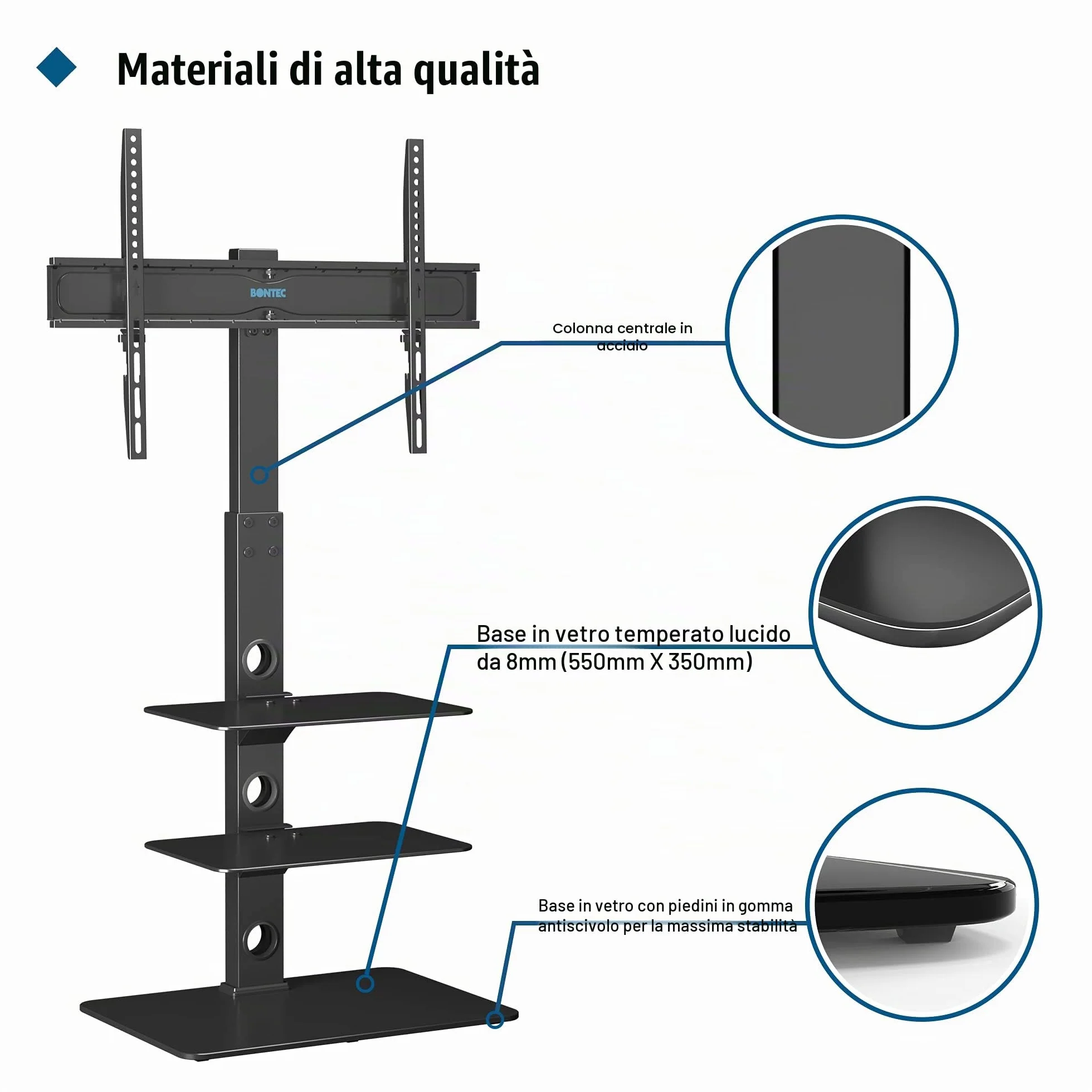 BONTEC Universale Supporto TV da pavimento per TV da 30-70 pollici LED OLED LCD, Porta TV da Terra Regolabile in Altezza con Ripiani in Vetro Temperato a 3 Livelli Max VESA 600x400mm, Fino a 40KG