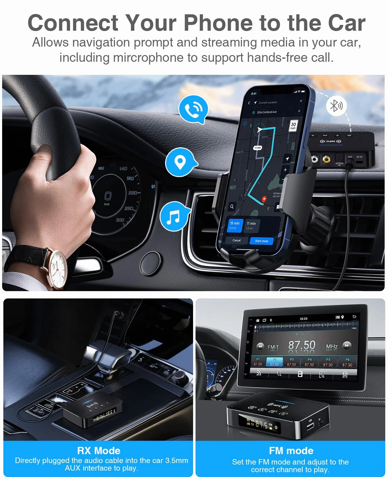 Trasmettitore Bluetooth, Adattatore Ricevitore Trasmettitore Bluetooth 5.0 3 in 1, Trasmettitore FM con Cavo RCA/AUX, Adattatore Audio Wireless per Sistema Stereo/TV/PC/Cuffie/Altoparlanti