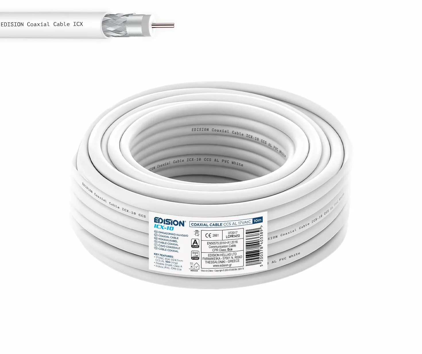EDISION ICX-10 Cavo Coassiale Antenna TV SAT 10m PVC Bianco, Acciaio Ramato, 17VAtC, CPR Eca, Classe A DVB-S2/T/T2/C, RADIO