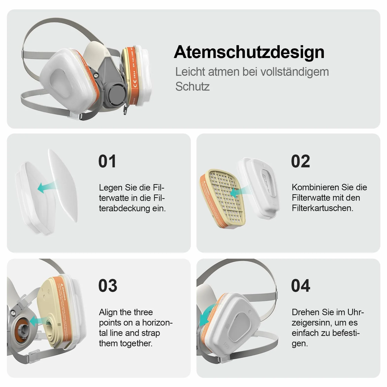 SURFOU Semimaschera Antipolvere con Filtro A1P2 Riutilizzabile 2 Cartucce Filtro + 10 Prefiltri per Verniciatura Levigatura