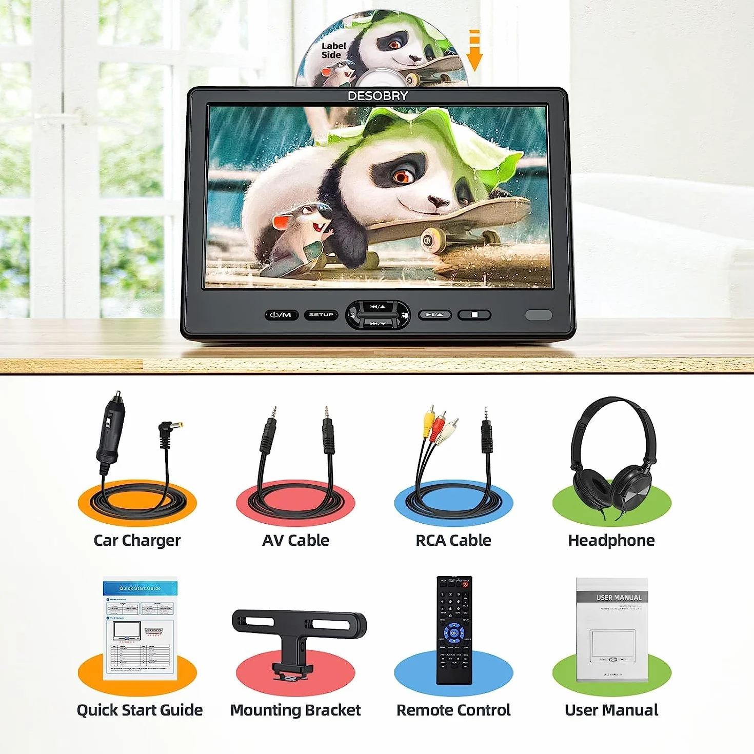 DESOBRY Lettore DVD per auto da 10,5 pollici con supporto per poggiatesta, lettore DVD portatile per auto con cuffie, ingresso disco a ventosa, supporto video 1080P