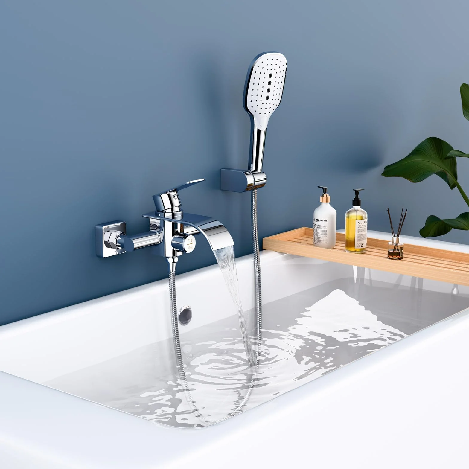 rubinetto vasca doccetta mano cascata miscelatore ottone 3 funzioni interruttore pressione
