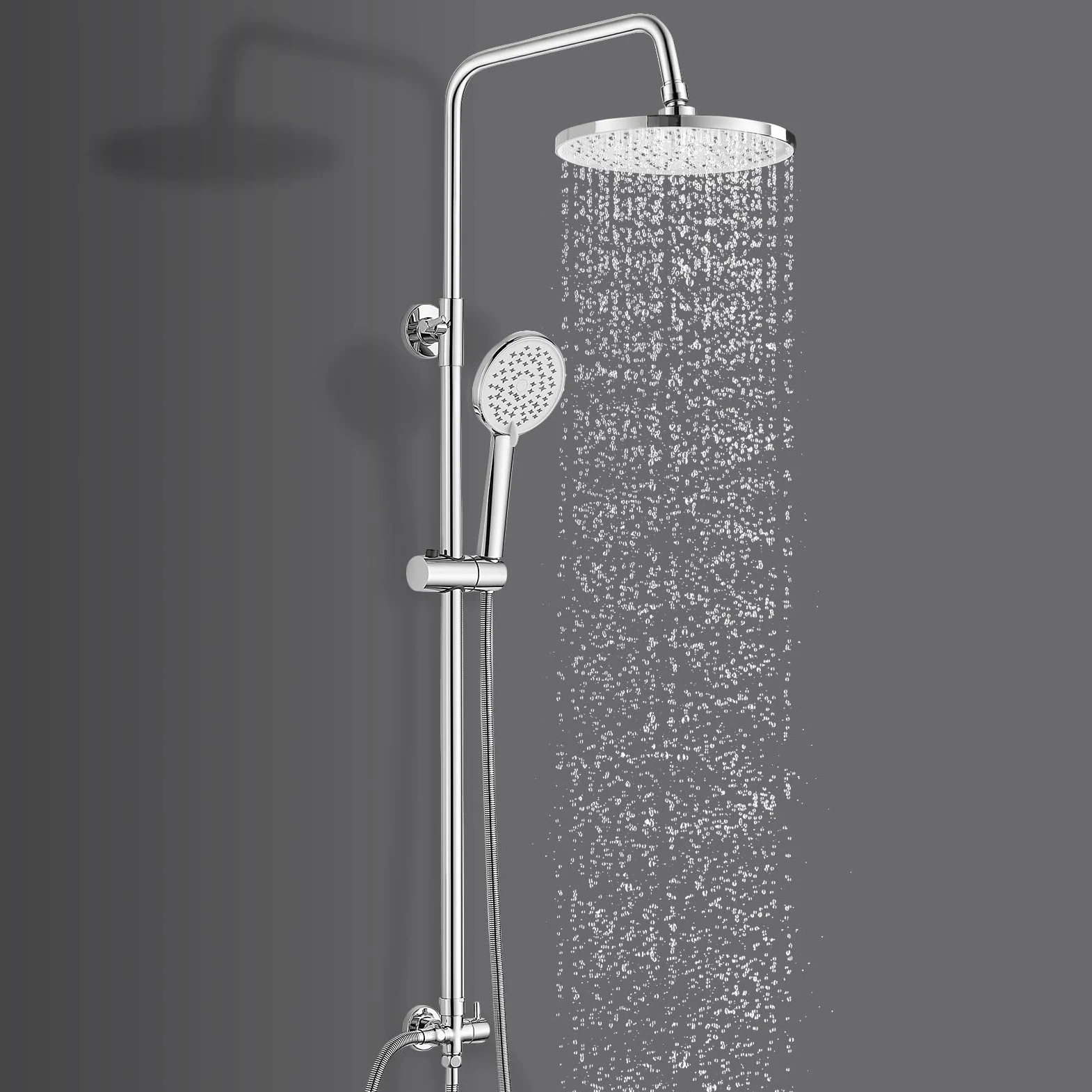 Kit asta doccia in acciaio inox, asta doccia e soffione senza rubinetto, 21 x 21 cm, soffione a pioggia e soffione portatile, cromato