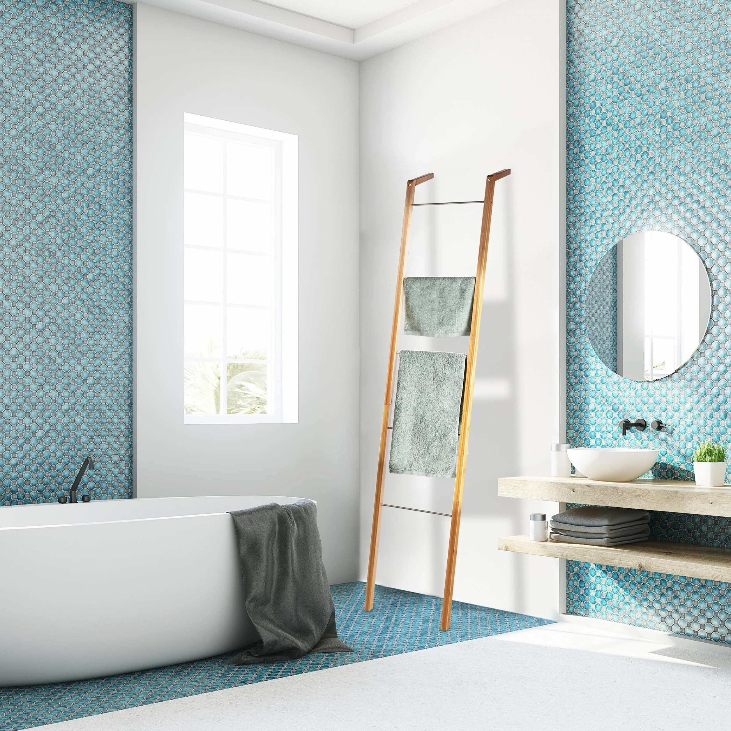 Relaxdays Portasciugamani a Scala, in Bambù, Bagno e Cucina, 5 Pioli, Appendiabiti e Teli, HxLxP: 180x35x20 cm, Naturale