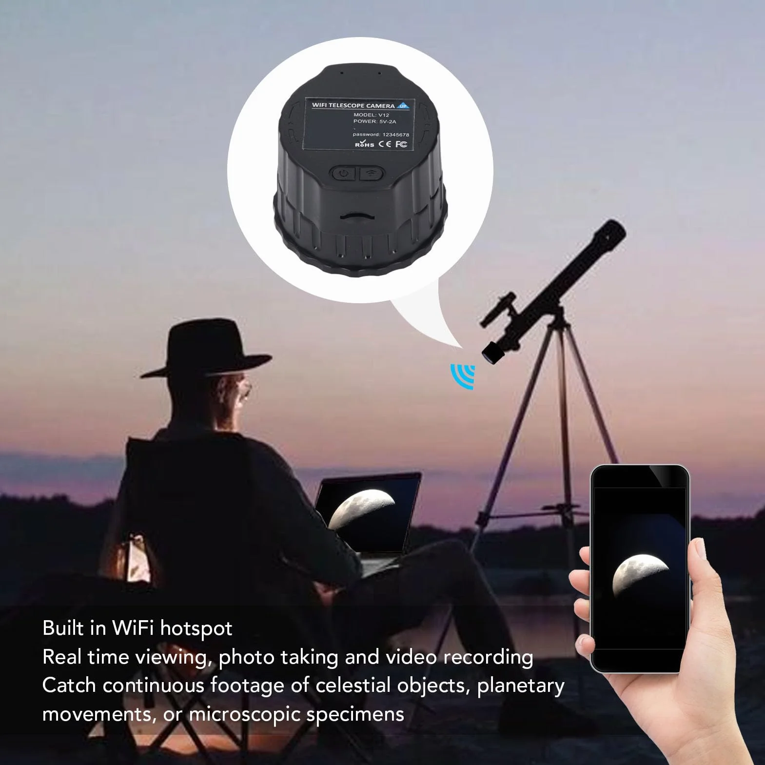 Telecamera WiFi, Oculare Elettronico Wireless, Registrazione Video 2K e Foto da 24 MP per Telescopi da 24 Mm-50 Mm, per Astrofotografia, Birdwatching (Nessuna memoria)