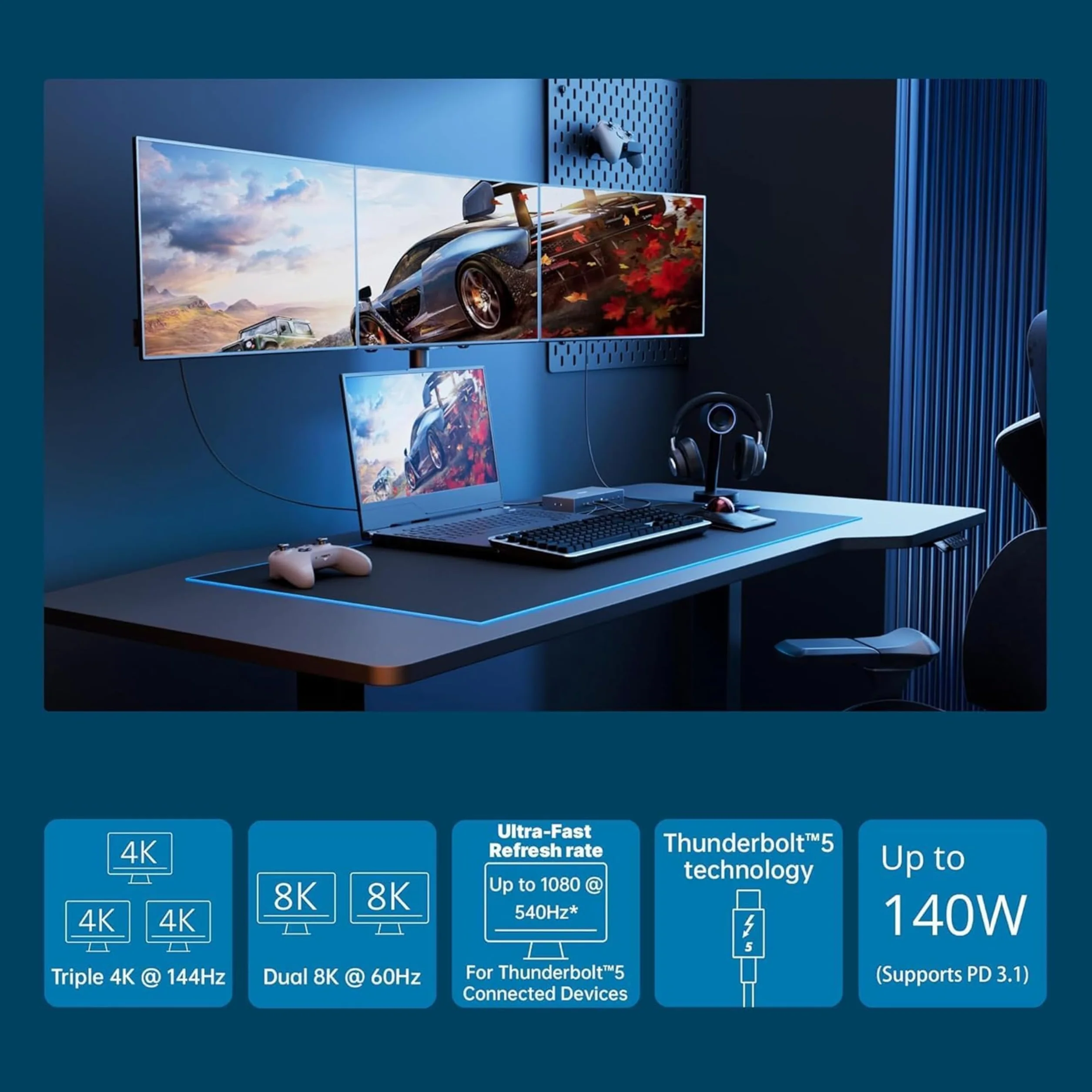 Kensington SD5000T5 EQ Thunderbolt 5 Docking station, triplo monitor 8K/4K, lettore di schede SD e Micro SD, Potenza alimentazione 140W, 3x Thunderbolt 5, Ethernet e USB 3.2 Gen2 - Grigio (K35201EU)
