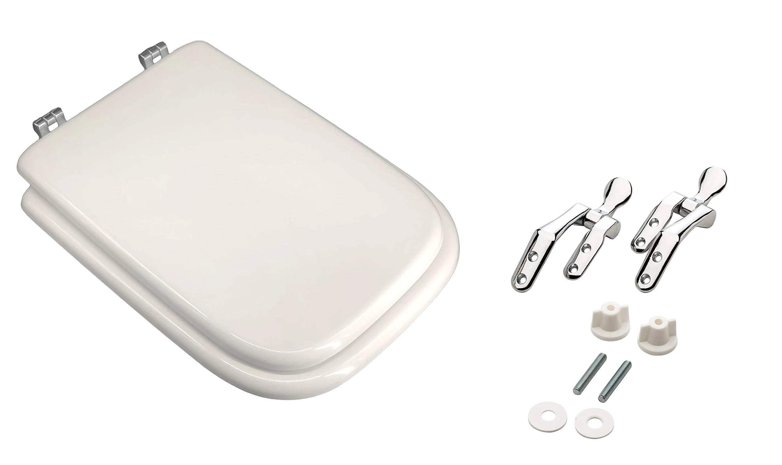 Sì Copriwater in poliestere con anima in legno, serie Conca della Ideal Standard, Bianco Europeo con cerniere in metallo cromato.
