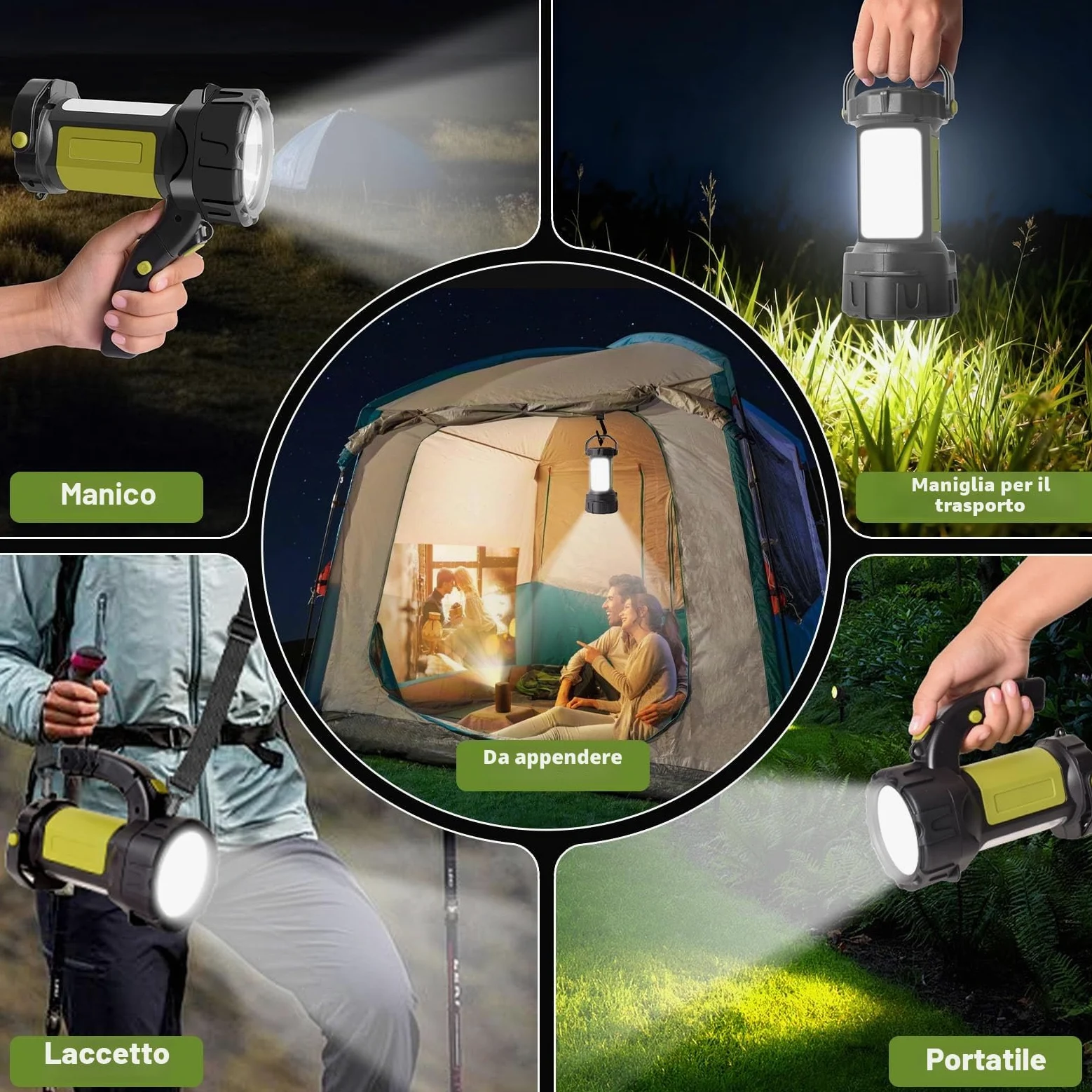 Torcia LED ricaricabile, con luce laterale, 3000 LM, 6 modalità | 2400 mAh, impugnatura girevole, IP67, indicatore di carica, adatta per escursionismo, emergenze, campeggio