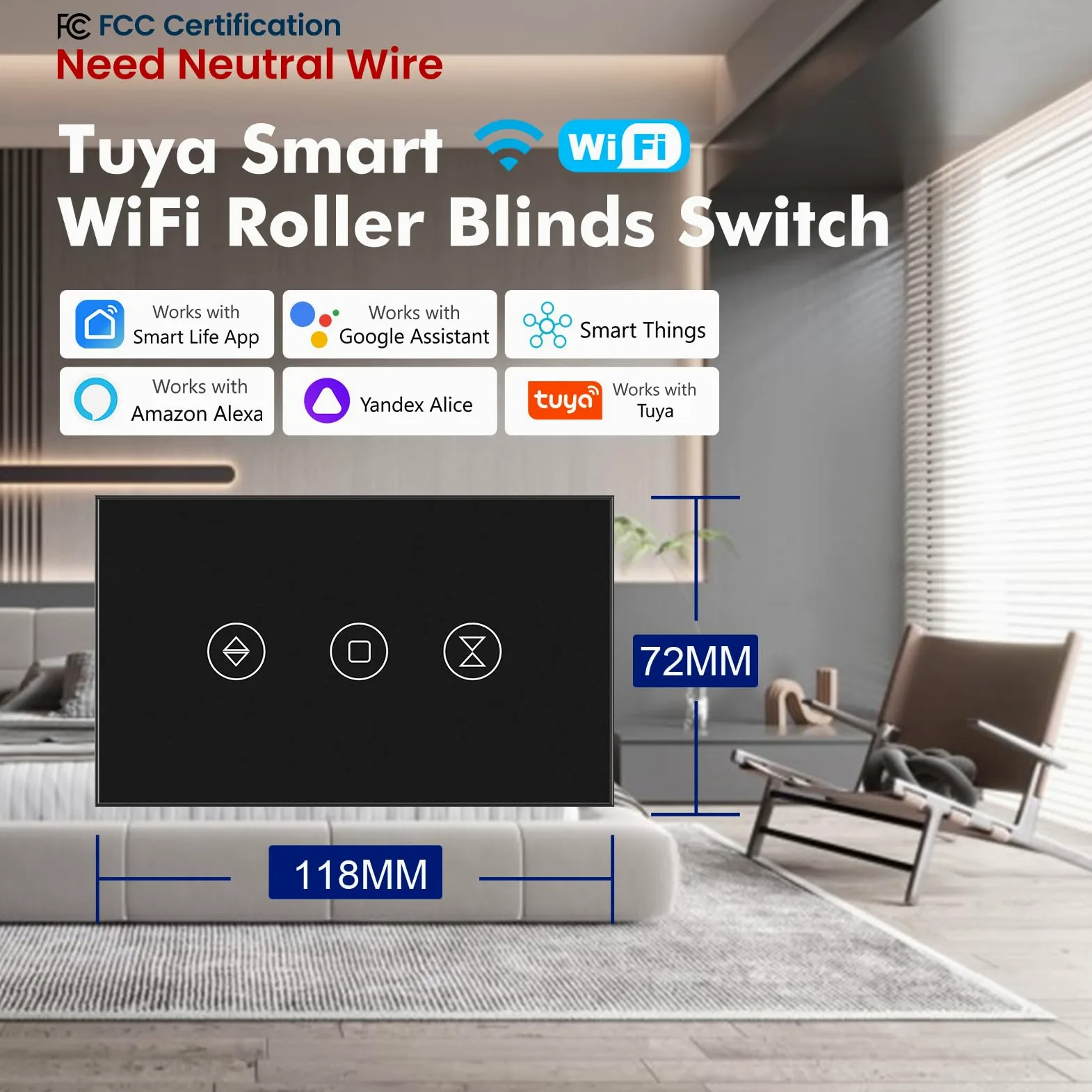 Interruttore intelligente per tapparelle con cavo neutro richiesto, interruttore WiFi per tapparelle da 2,4 GHz con controllo vocale remoto, pannello in vetro temperato, funziona con Alexa e