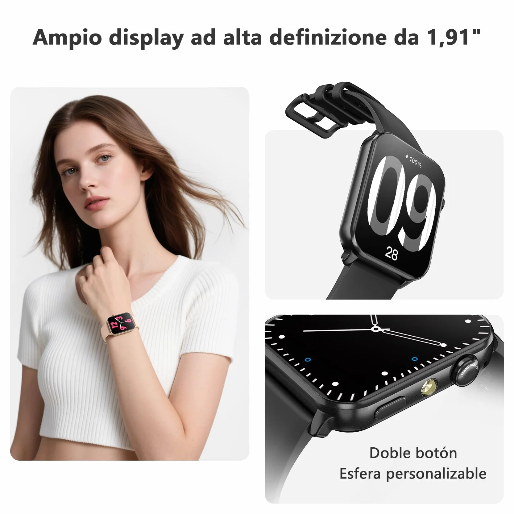 Blackview Smartwatch Uomo Donna, Effettua e Rispondi alle Chiamate,1,91'' Orologio Intelligente 100+ Modalità Sportive/Sonno/Cardiofrequenzimetro/SpO2/ Torcia per Android IOS