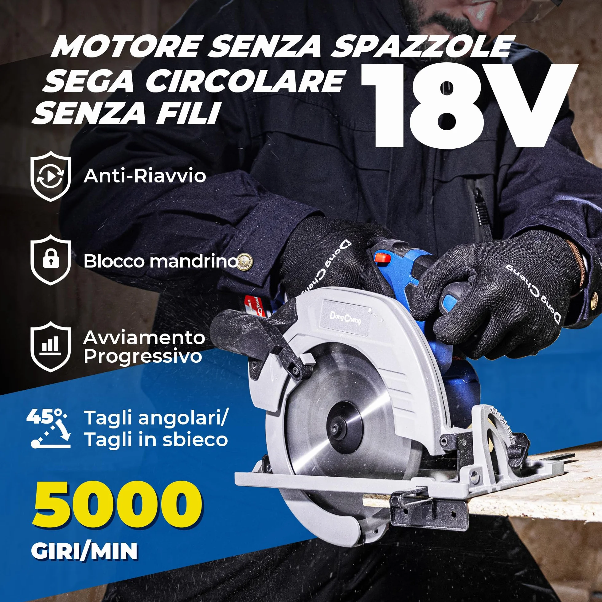 Dong Cheng Sega Circolare a Batteria da 18V, Diametro 185 mm, 5000 giri/min, Profondità di Taglio 65mm (90°)/45mm (45°) Con 4.0Ah Batteria, BOXX, Per Legno, Plastica, PVC