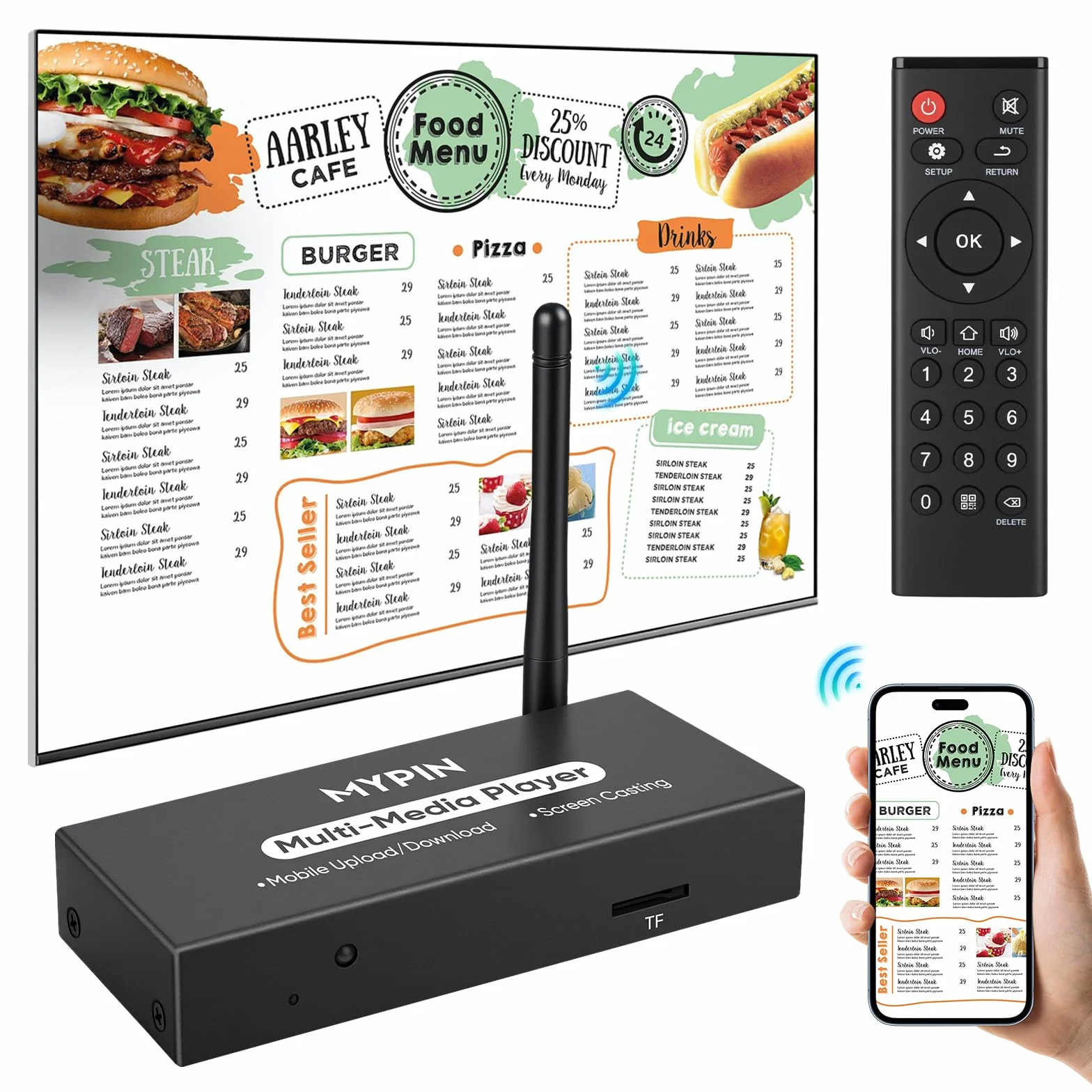 Lettore Multimediale Pubblicitario per Segnaletica Digitale o TV, Adattatore Display Wireless con Mirroring dello Schermo, Condivisione Foto, Riproduzione in Loop e Automatica