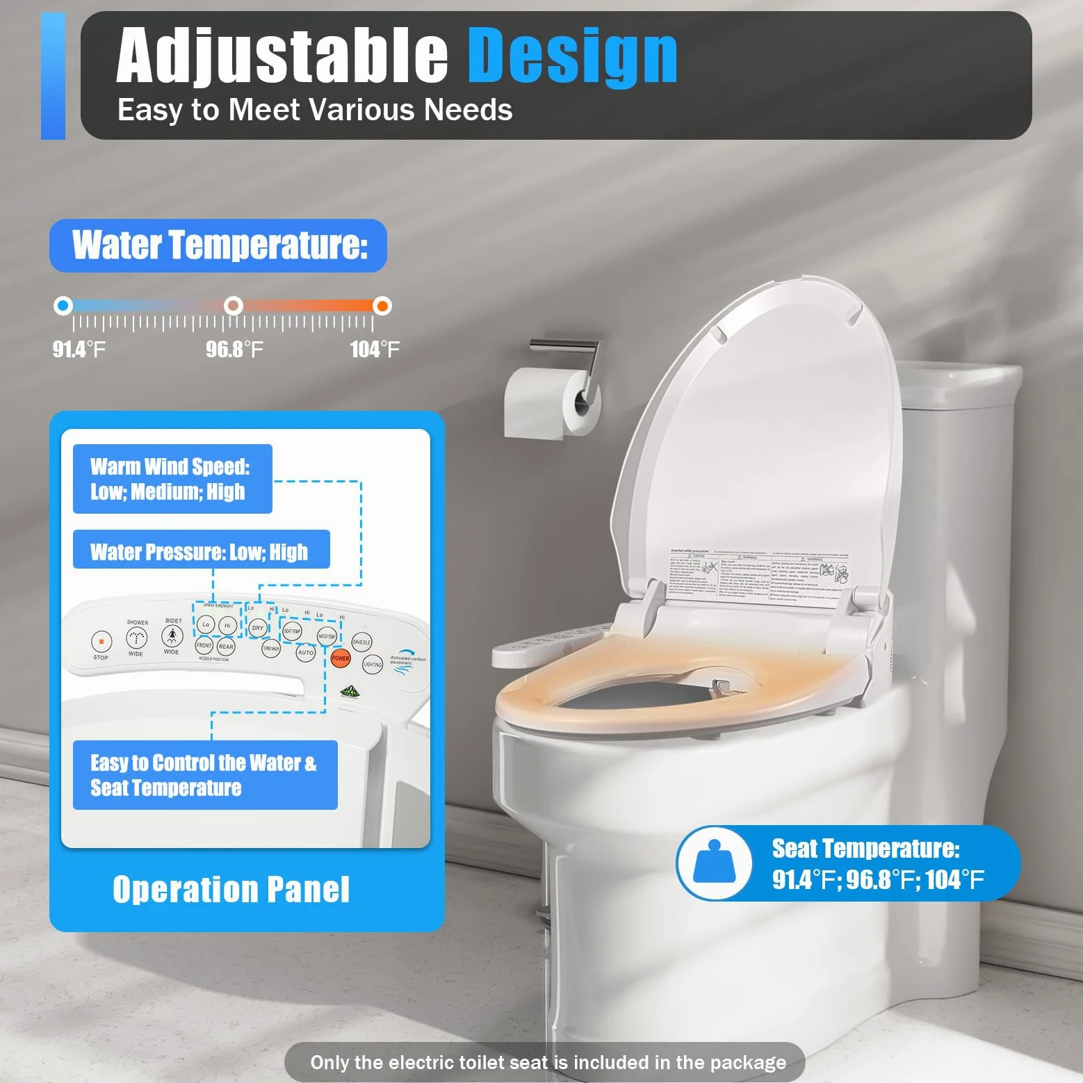 Sedile WC, doccia, WC con abbassamento automatico, copriwater non elettrico, doppio ugello autopulente