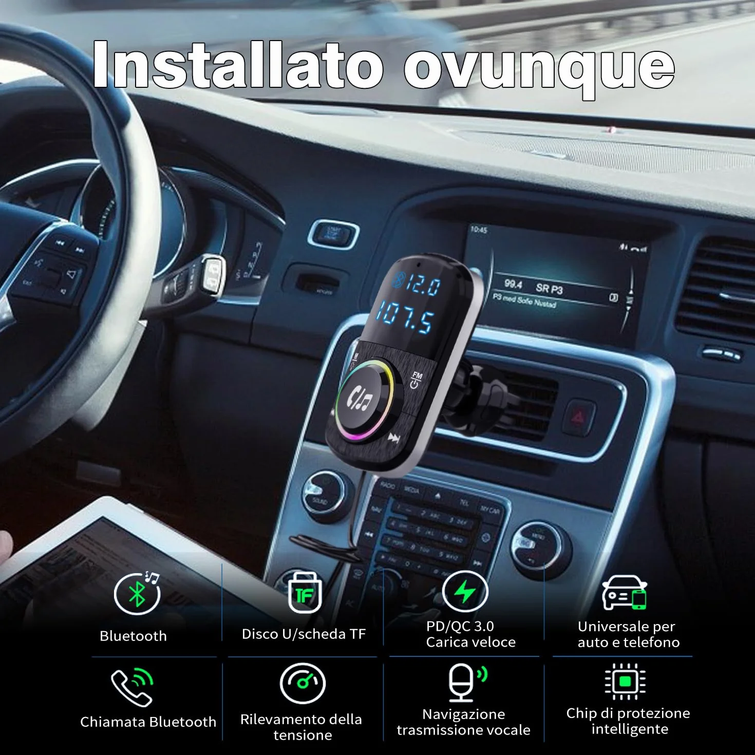GizmoVine Bluetooth Coche, Transmisor FM, Soporte Manos Libres/QC3.0 y PD Cargador Rápido/Luz Ambiental/Base Autoadhesiva y Clip con Cable 1.1 - Reproductor de Música con Tarjeta BT/TF