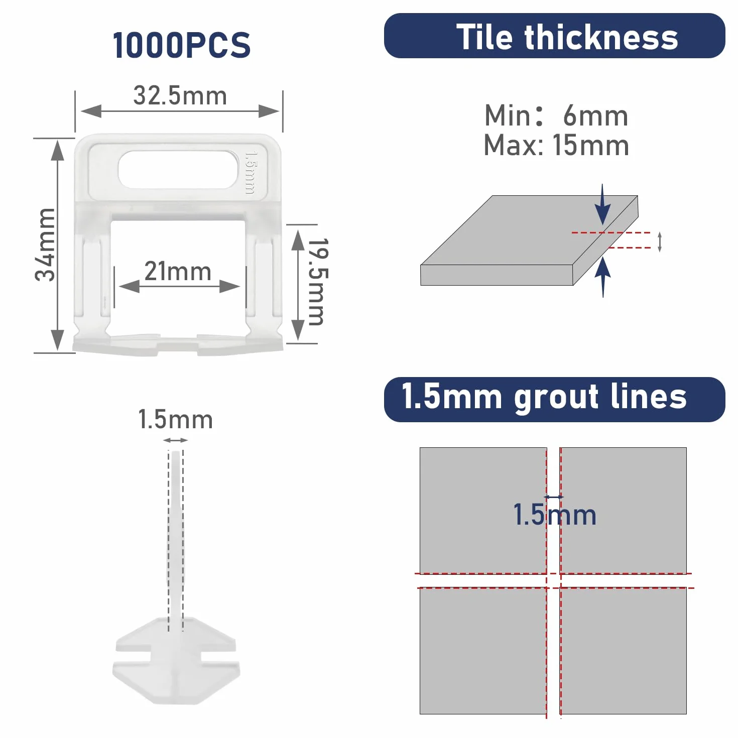 Distanziatori per Piastrelle 1.5mm 1000 Pezzi, Spessori in Plastica Livellatori