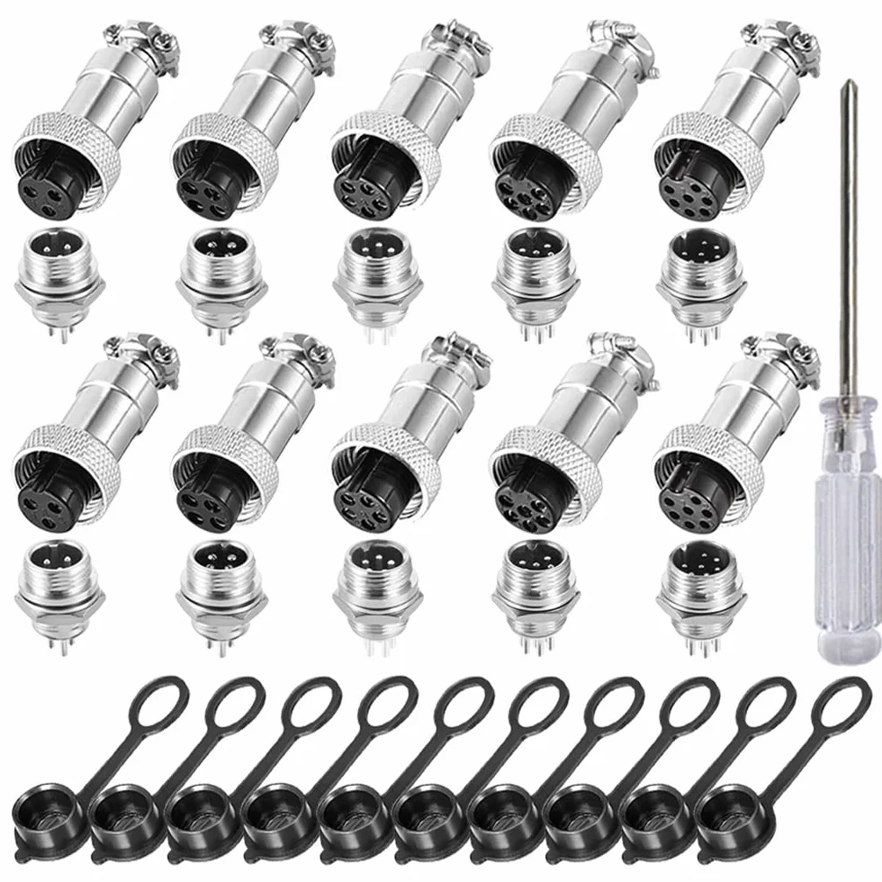 10 Pezzi GX12 Connettore Aviazione, 12 mm Connettore Aviazione Metallo, 5A Connettore Aviazione Maschio Femmina, con Cappuccio in Gomma (3 Pin/4 Pin/5 Pin/6 Pin/7 Pin)