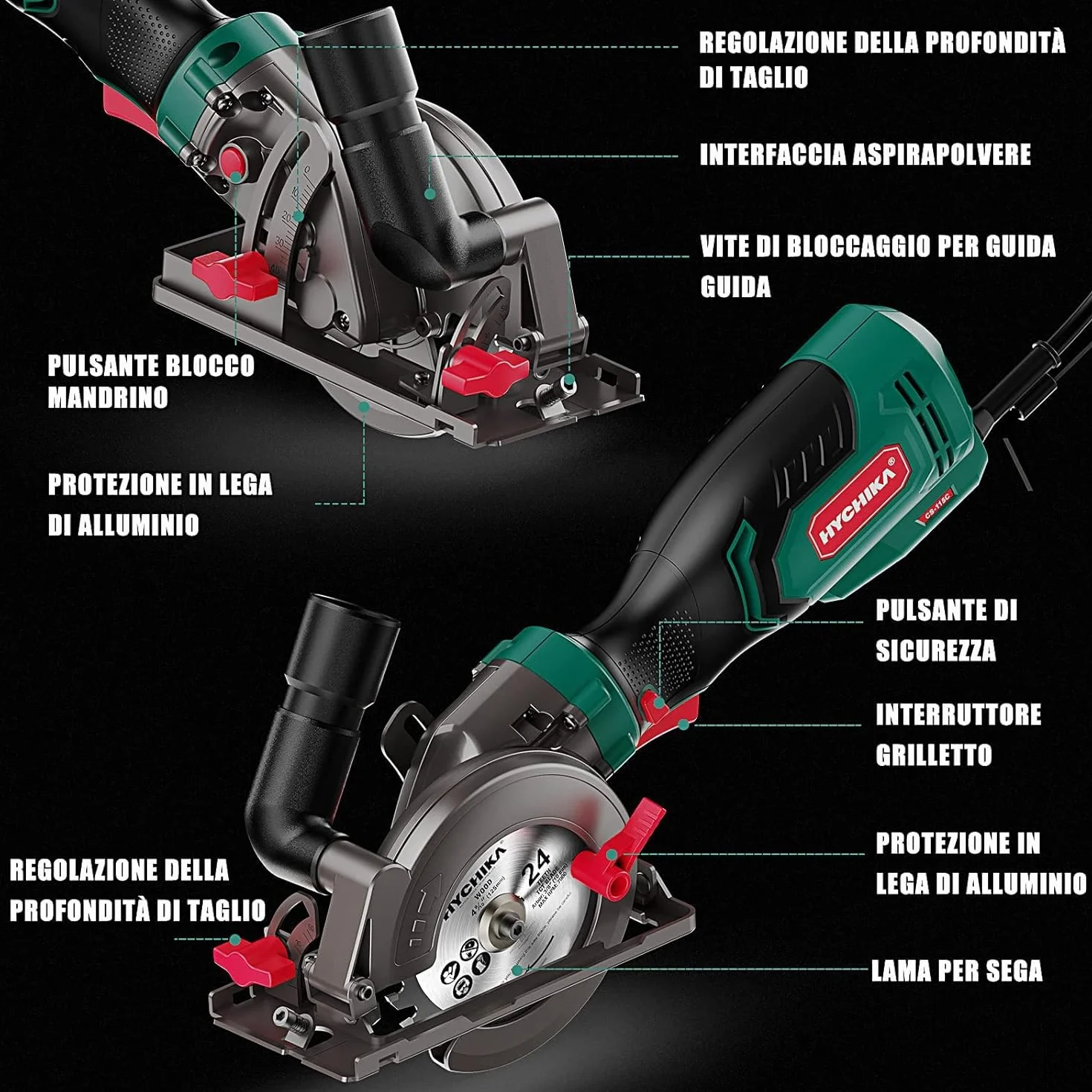 HYCHIKA Mini Sega Circolare 750W 3500RPM, Sega Compatta con 3 Lame (24T/60T/9T) per Legno, Metallo e Piastrelle, Taglio Inclinato 45°/90° (Profondità Max 48mm), Fai da Te