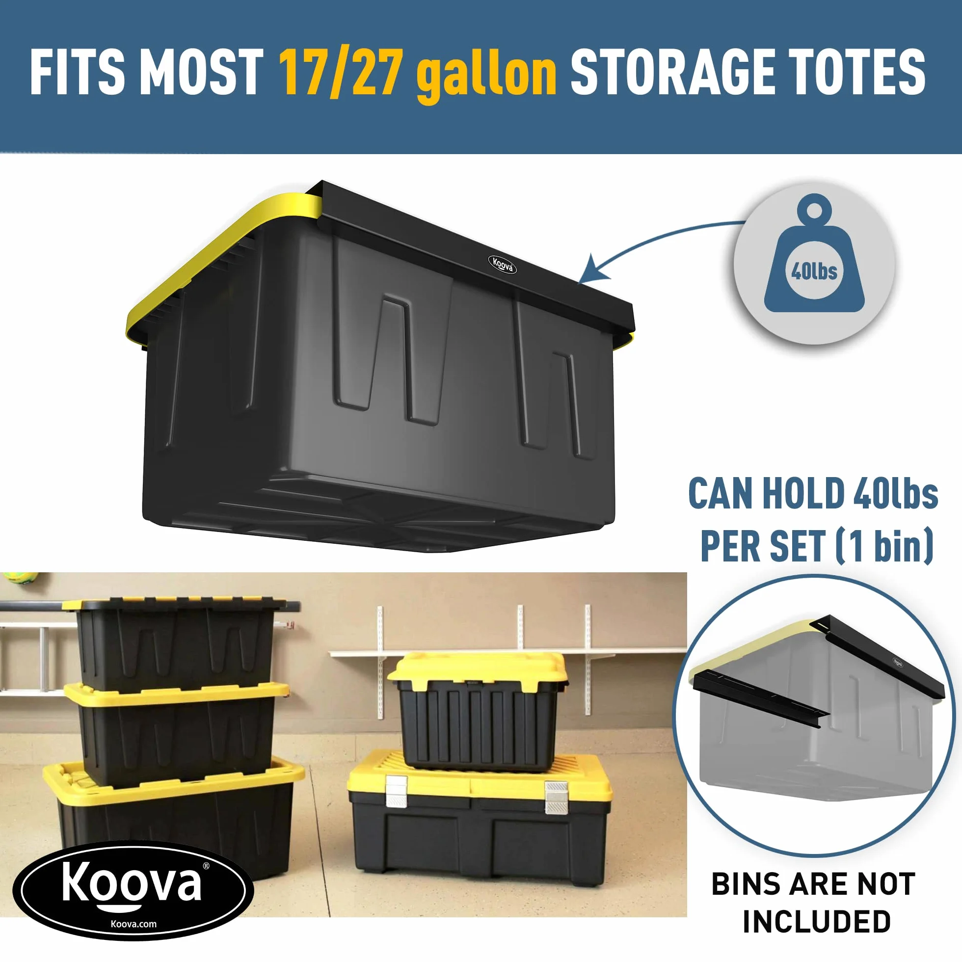Koova Rack portaoggetti per garage per bidoni, guide con telaio, ganci da soffitto in acciaio resistente
