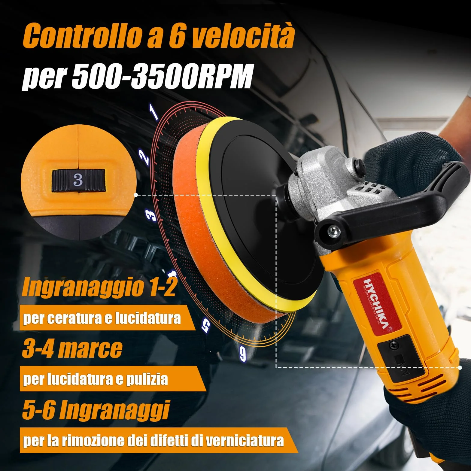 HYCHIKA Lucidatrice Auto 1580W, Controllo Variabile 6 Velocità, Motore Rame Puro, 180 mm