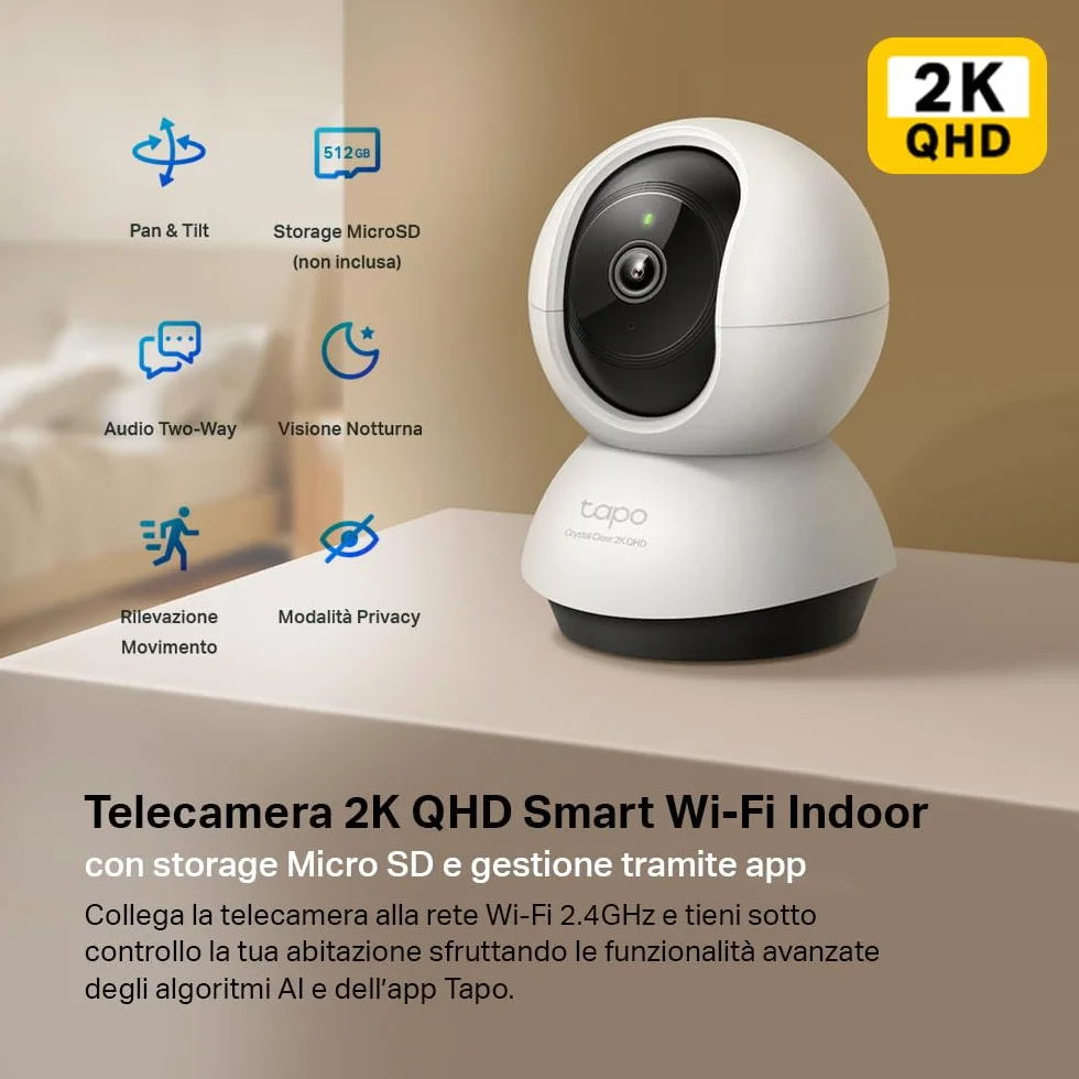 Tapo C220 Telecamera Wi-Fi Interno 2K 4MP QHD, Videocamera Sorveglianza, 360º Horizontal, Panoramica e iInclinazione, Visione Notturna, MicroSD fino a 512GB, Alexa, Google Assistant