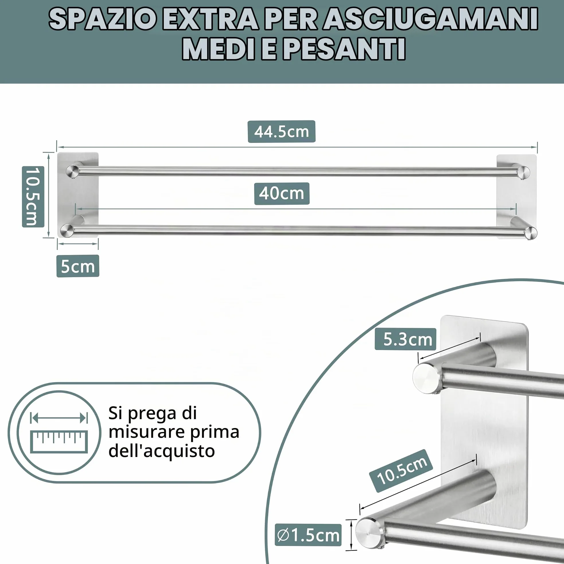 Portasciugamani 40cm Doppio Autoadesivo in Acciaio Inox Bagno Cucina Camera | Senza Foratura, Acciaio Inox SUS304