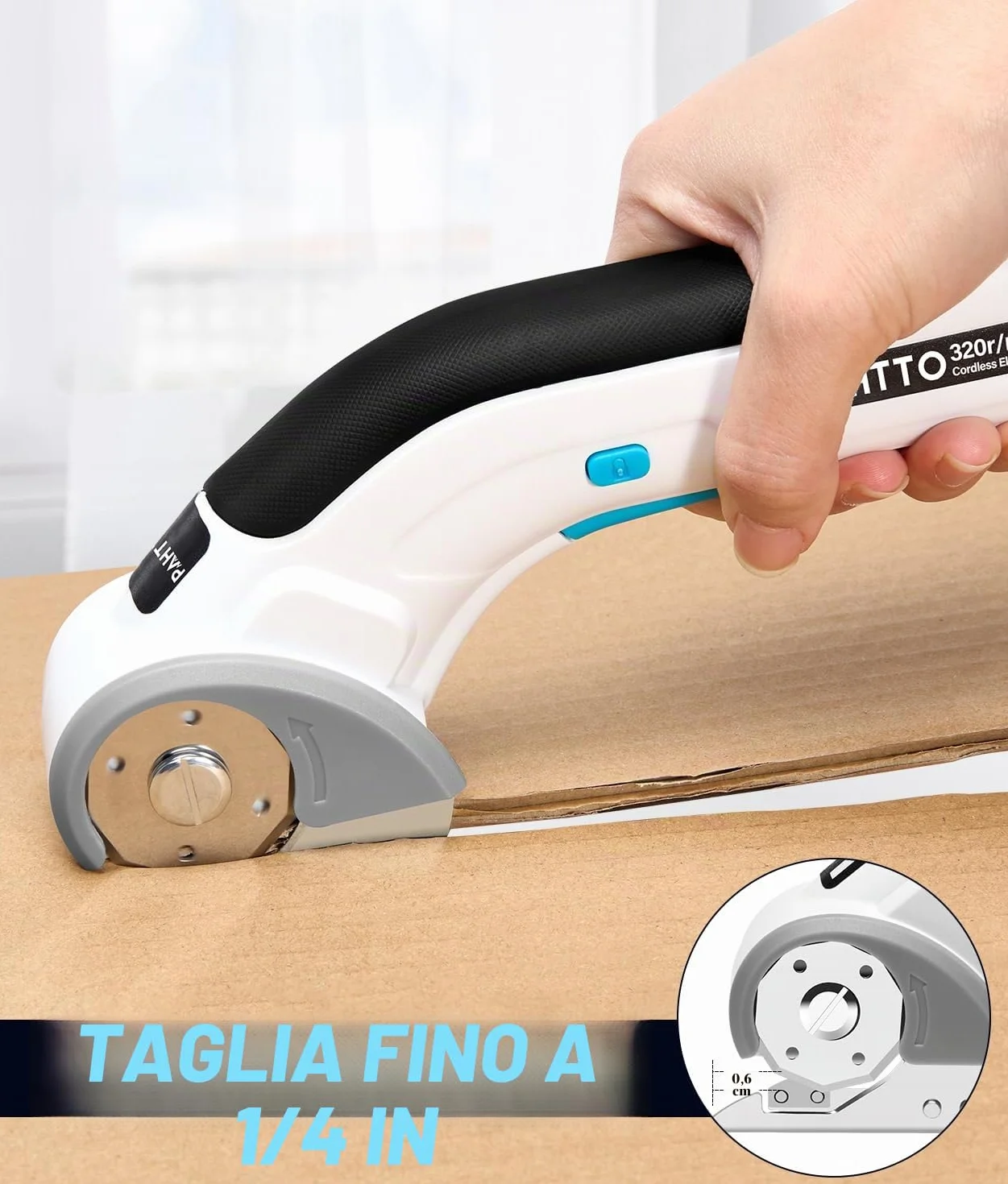 PAHTTO Forbici elettriche senza fili Taglierina rotante 4V 320 giri/min con 2 lame autoaffilanti per cartone, pelle, tessuto
