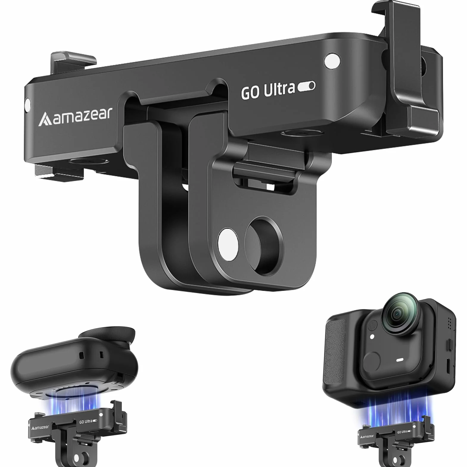 AMAZEAR Adattatore magnetico a sgancio rapido per fotocamera Insta360 GO Ultra, supporto base in lega di alluminio con filettatura da 6,35 mm per treppiede, bastone selfie, impugnatura, nero