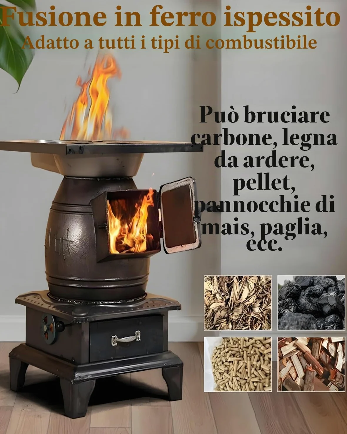 Stufa a legna per interni, riscaldamento efficiente con struttura in ghisa, per uso domestico ed esterno