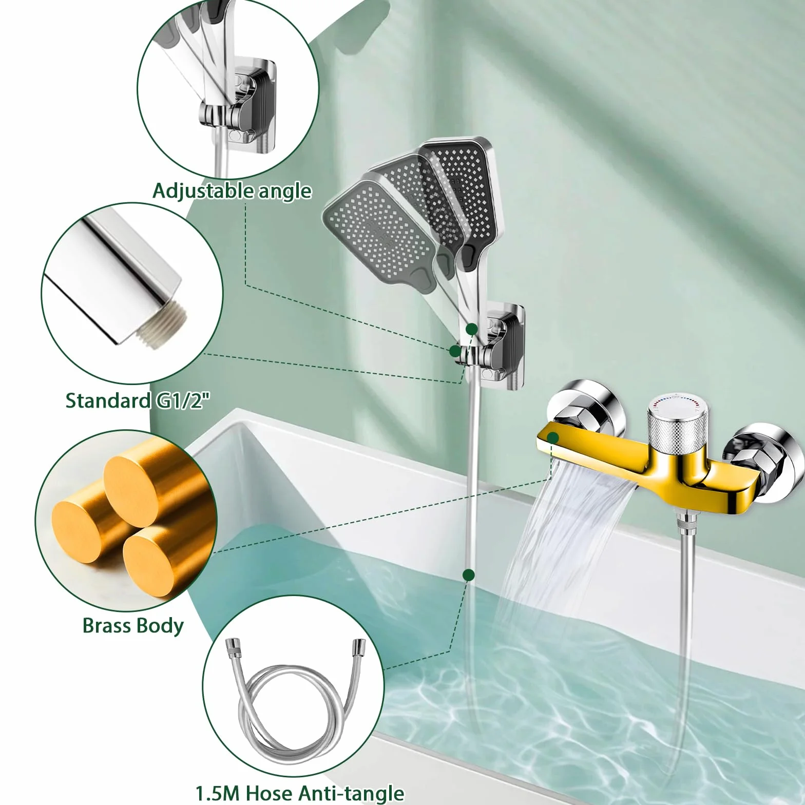Rubinetto Vasca da Bagno Parete a Cascata con Doccetta 3 Funzioni, Tubo 1,5m, Miscelatore Ottone Antiperdite, Attacco G1/2 per Bagno, Cromato per Vasca da Bagno