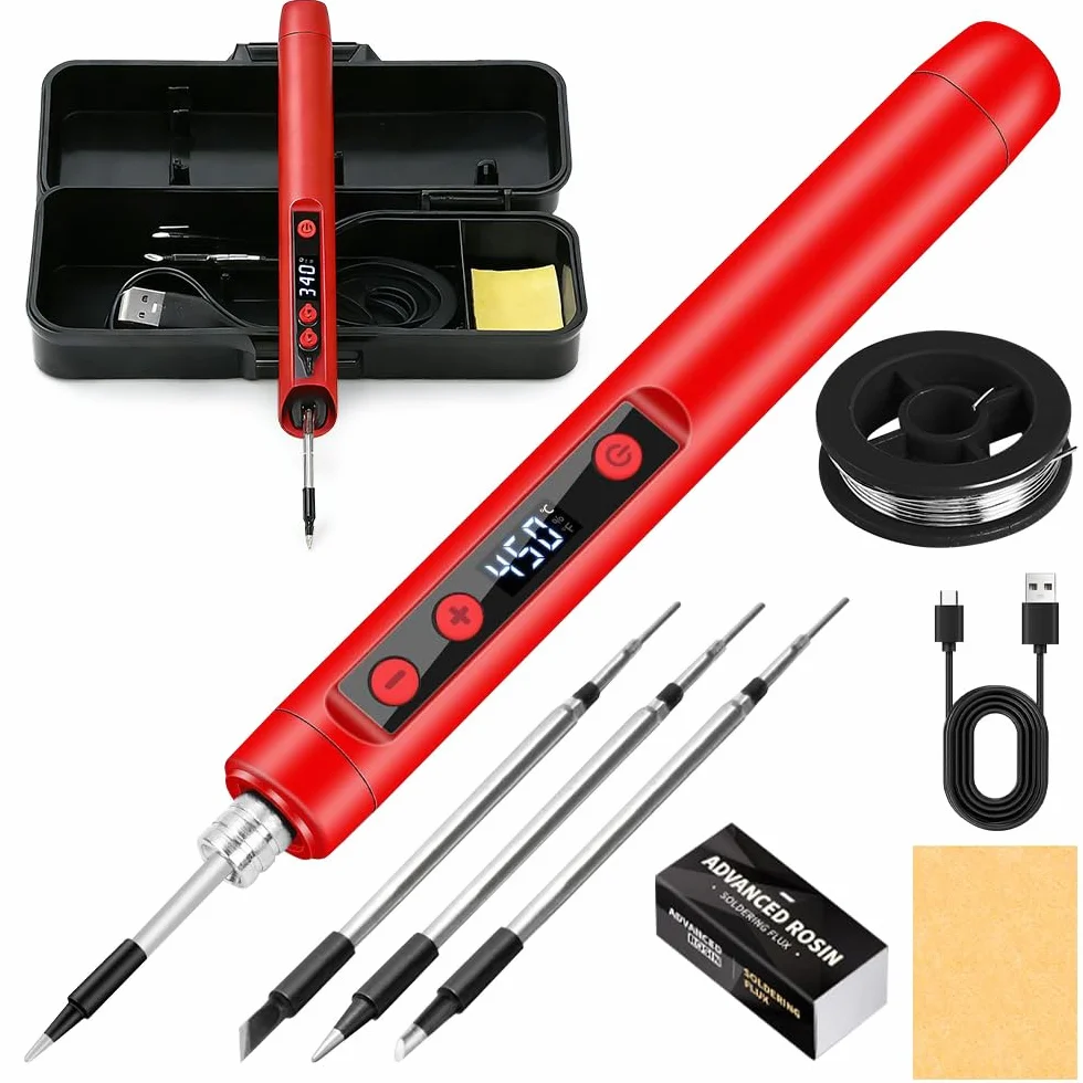 Saldatore a batteria USB con LCD 180℃-450℃, ferro portatile set con filo saldatura e 3 punte
