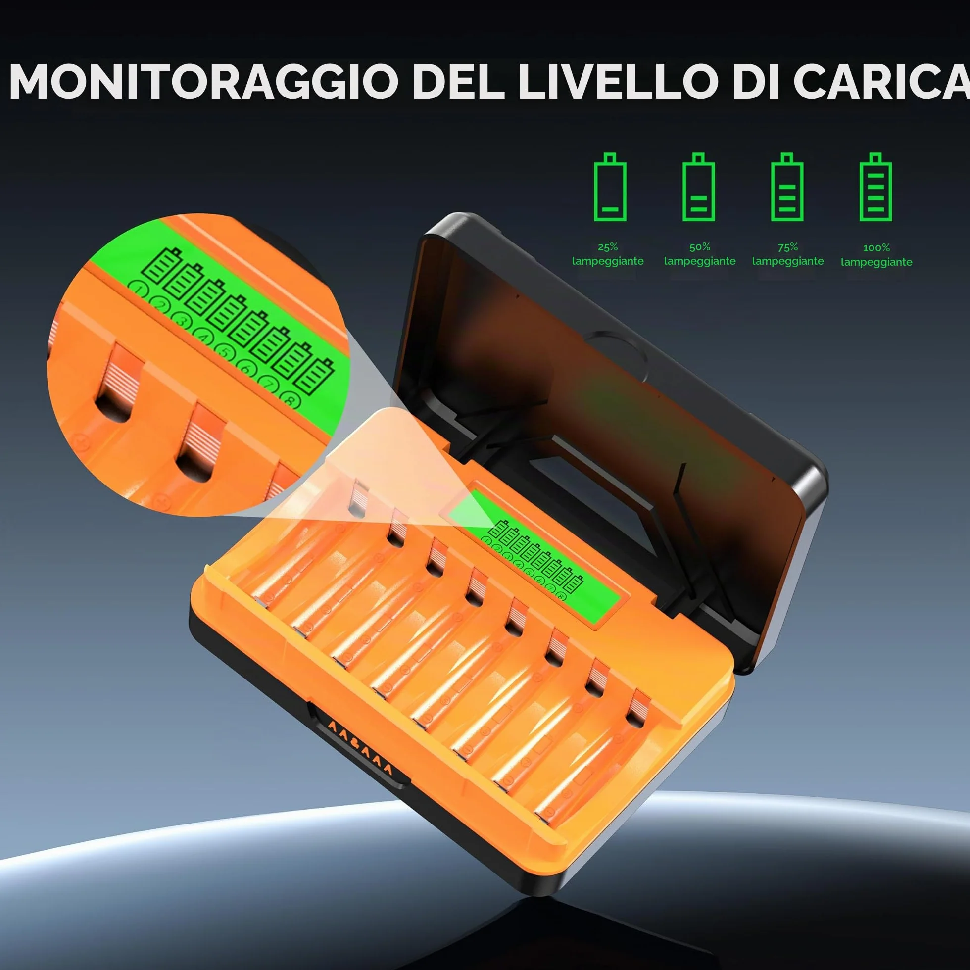 Caricabatterie Pile Ricaricabili Stilo AA e Mini Stilo AAA Intelligente 8 Slot, Ni-MH Ni-CD Ricaricabili Caricabatterie Batterie con Display LCD(con Cavo USB)