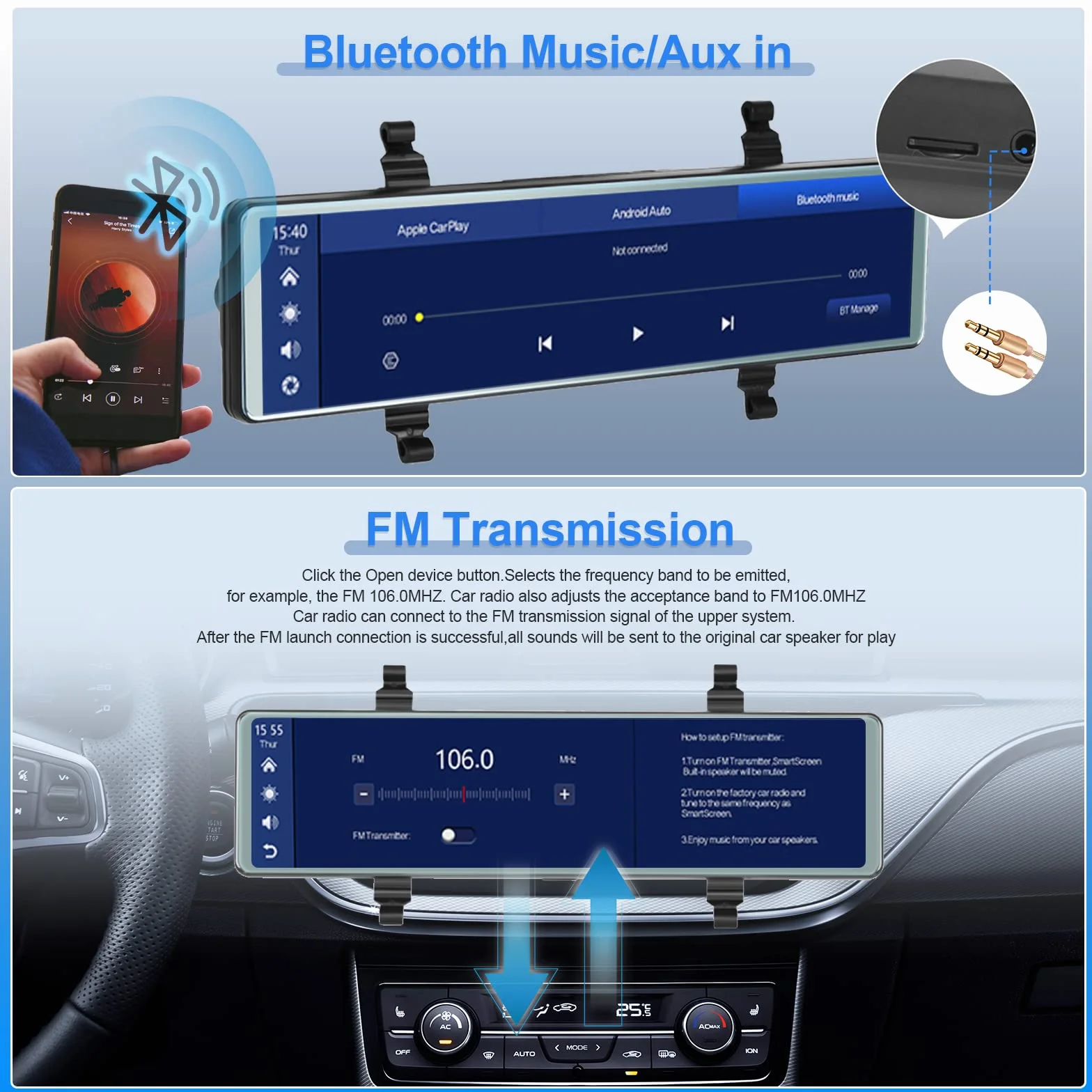Specchio Retrovisore Auto Dash Cam Carplay Android Auto, Bluetooth, 11,26 Pollici Touchscreen IPS Specchio Retrovisore DVR, Anteriore e Posteriore Telecamere WDR, Specchio Dash Cameras FM, AUX in