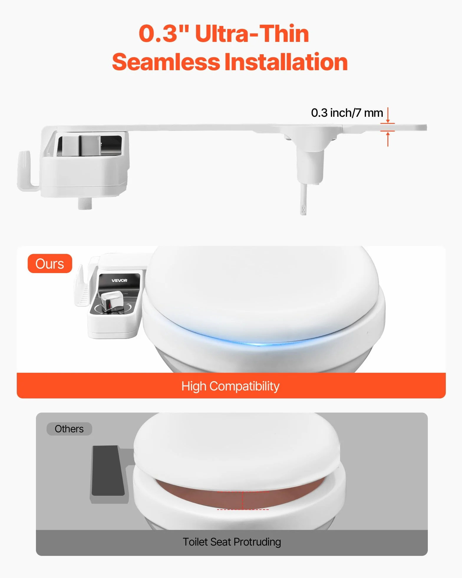 VEVOR Attacco per WC Bidet da 7 mm Ultrasottile con 2 Ugelli Retrattili Acqua Fredda Calda Pressione Regolabile