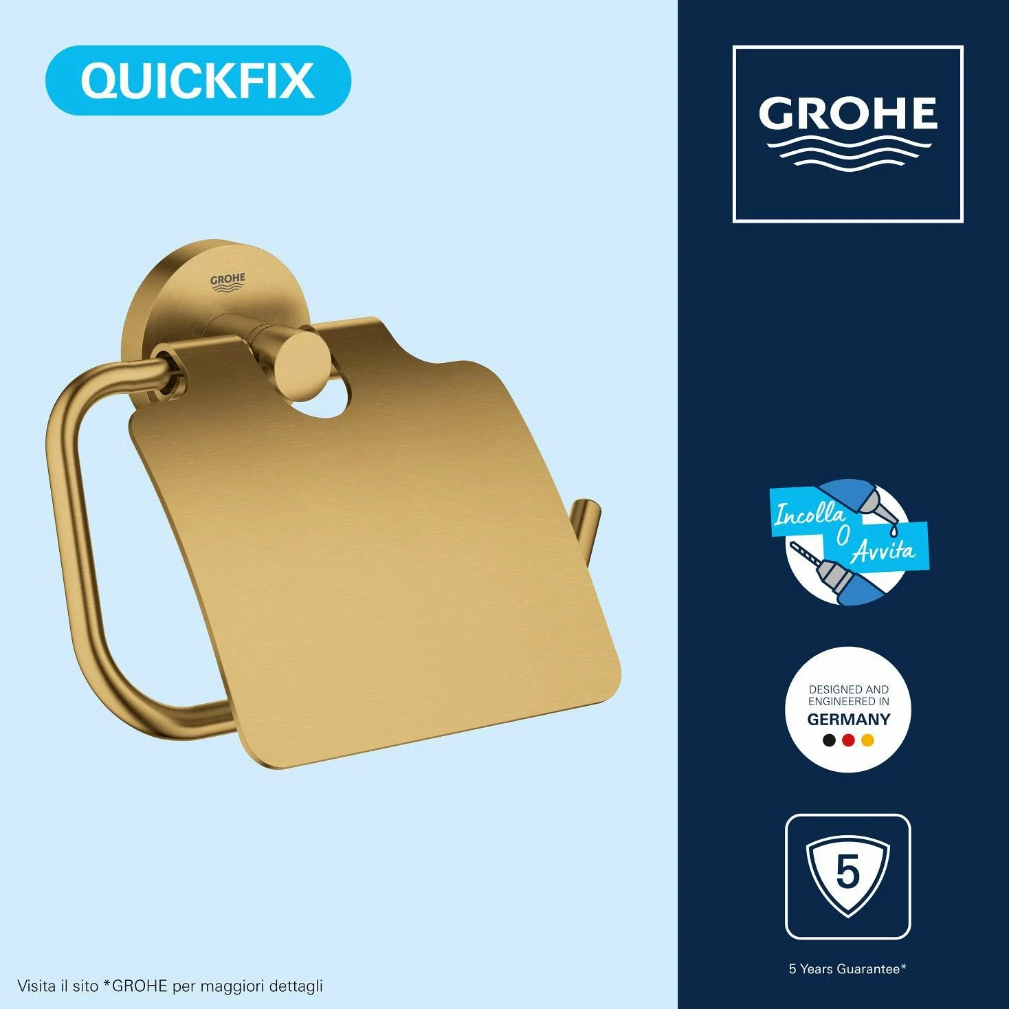 GROHE Start Portarotolo con Coperchio (Metallo, Fissaggio Nascosto, Viti e Tasselli Inclusi), Dimensione 167 x 119 mm, Oro Spazzolato Cool Sunrise, 41067GN0