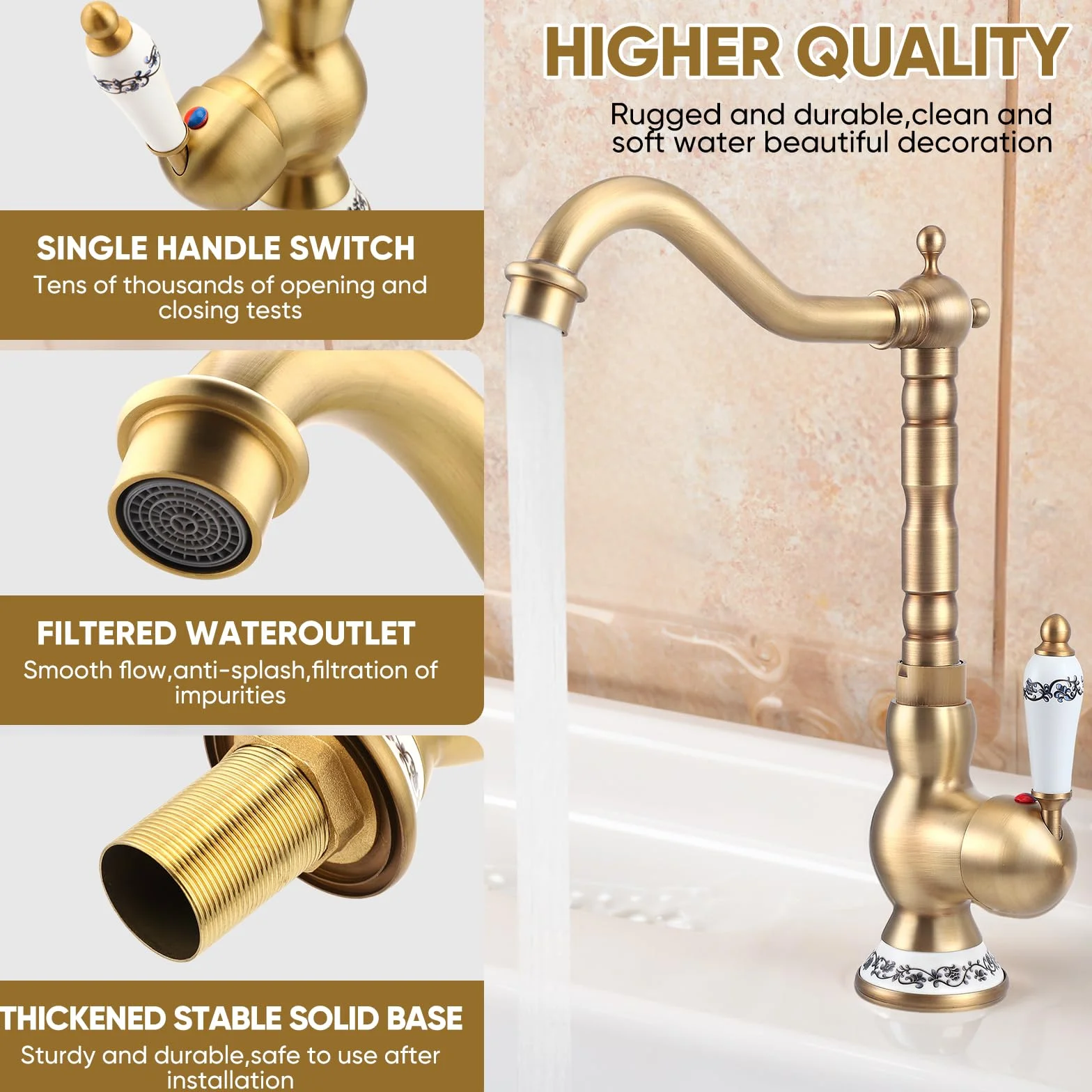 Rubinetto Cucina Ottone Antico Monocomando Girevole 360° Bronzo
