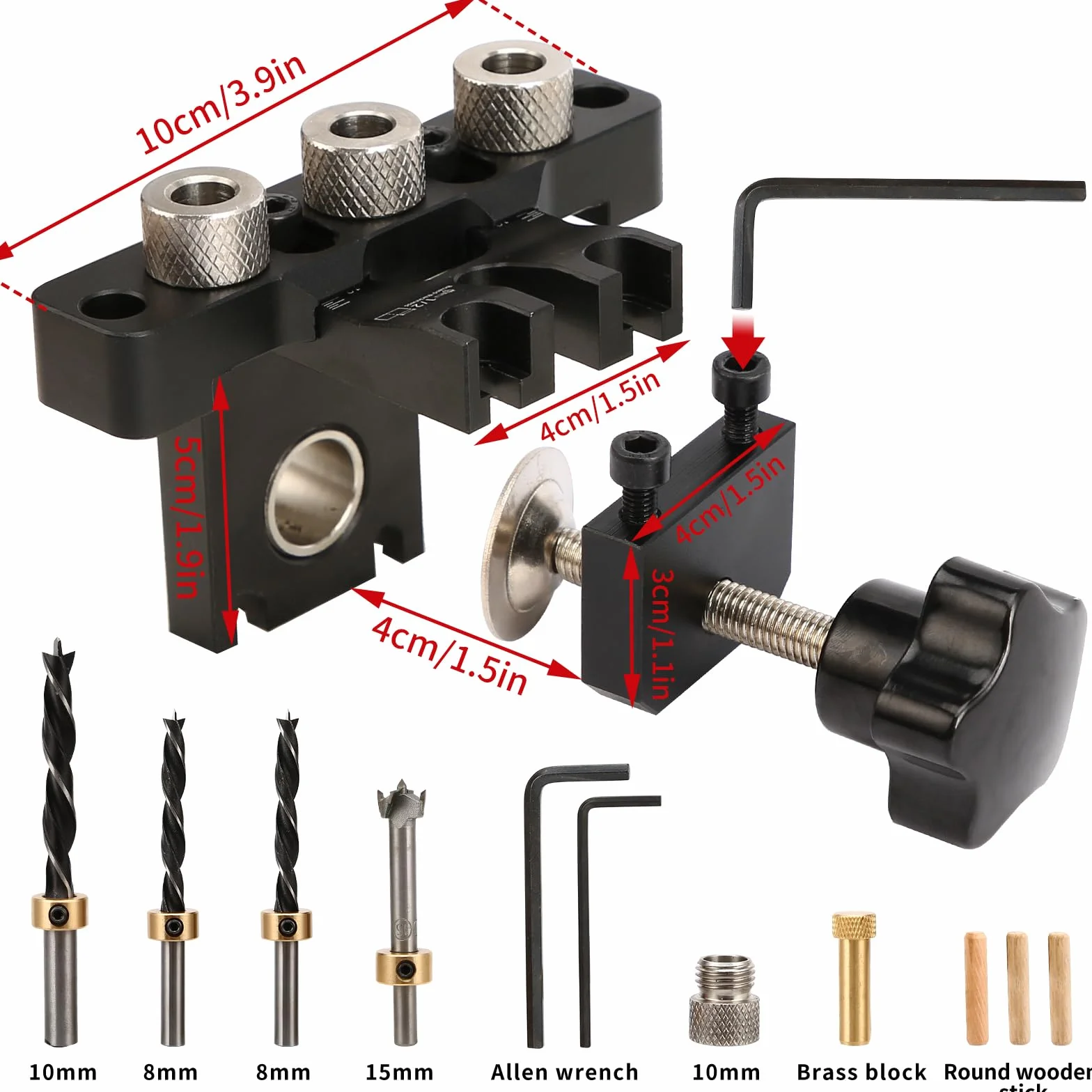 Idong 8/10/15mm Dima per Spinatura Legno 3 in 1 Fori a Tasca Kit Guida Trapano con Clip Regolabile