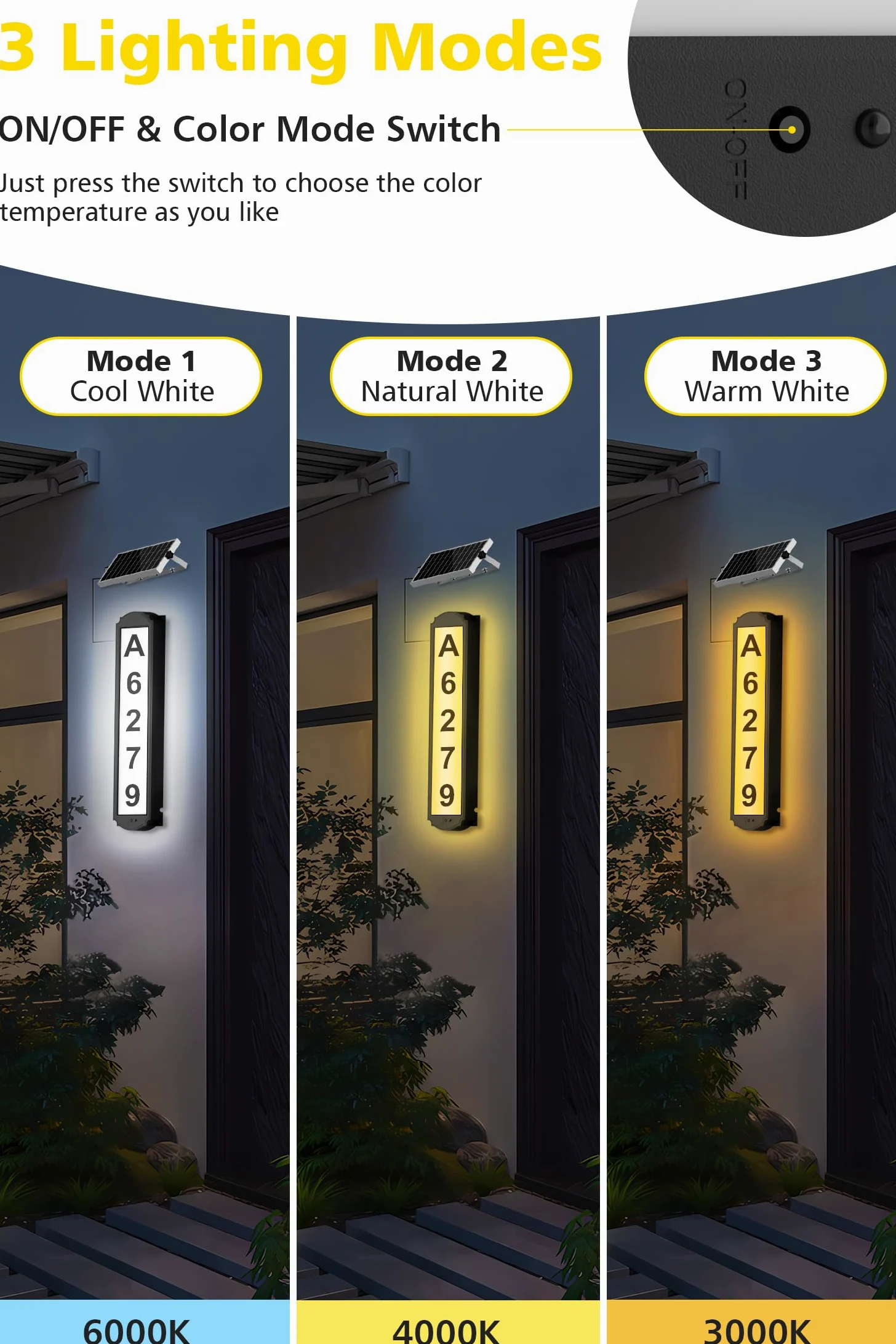 T-SUN Segnaletica solare per cortile, numeri civici a LED per esterni, impermeabile IP65, targa per casa con 3 luci – Indicatori di indirizzi illuminati per vialetto, casa e strada