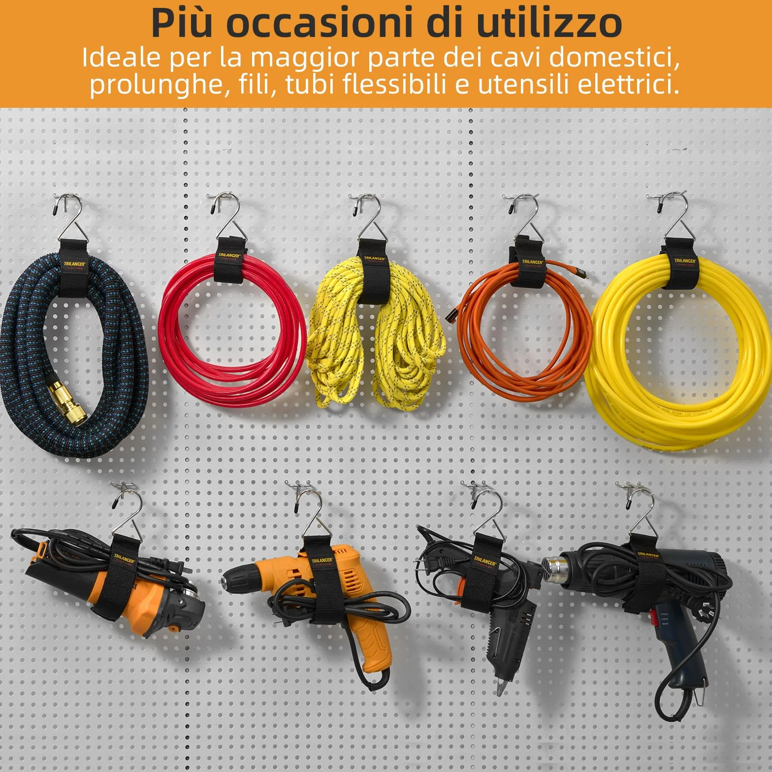 Trilancer Organizzatore per Cavi 6 Pezzi Cinghie con Gancio in Metallo da Parete